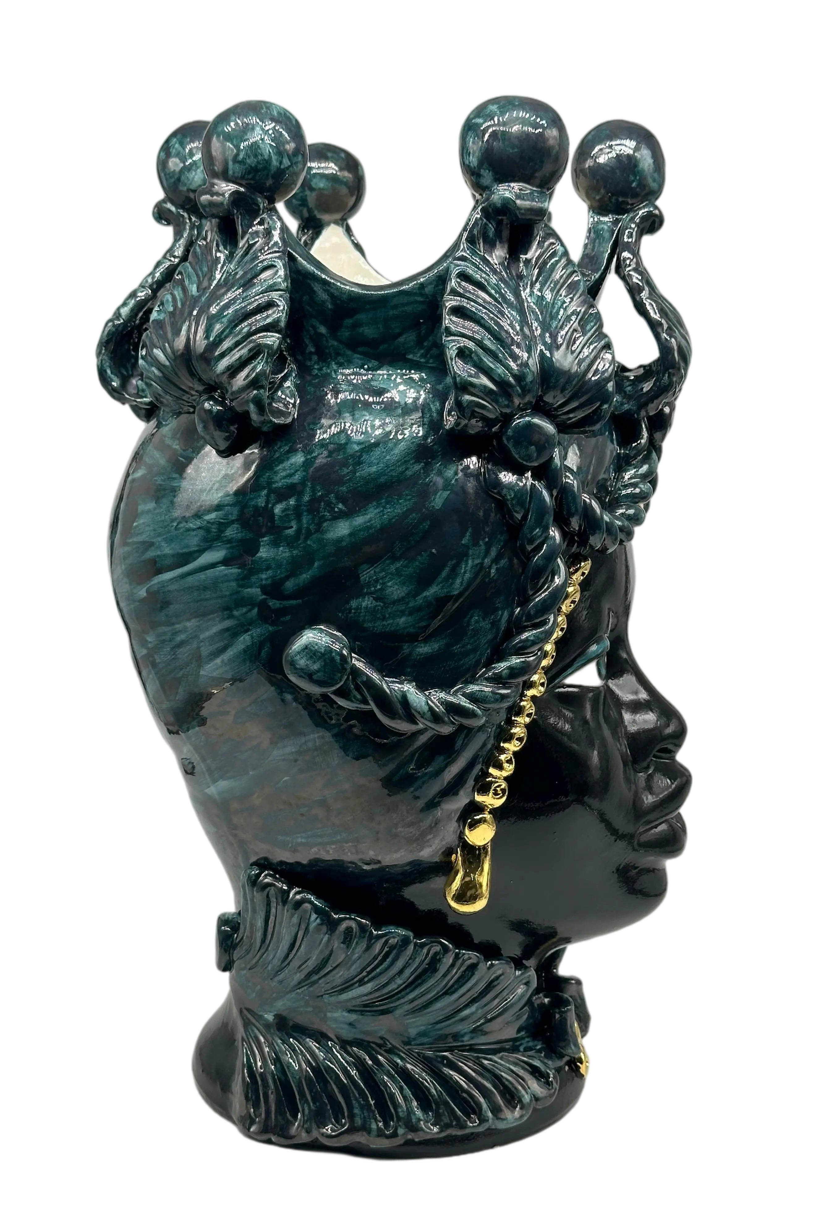 Teste di Moro Zefiro Ceramica Caltagirone cm H.43 L.26 Artigianale Verde Nero Oro DD CERAMICHE SICILIANE