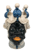 Teste di Moro Zefiro Ceramica Caltagirone cm H.43 L.26 Artigianale Écru Foglie Blu - DD CERAMICHE SICILIANE