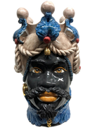 Teste di Moro Zefiro Ceramica Caltagirone cm H.43 L.26 Artigianale Écru Foglie Blu Oro - DD CERAMICHE SICILIANE