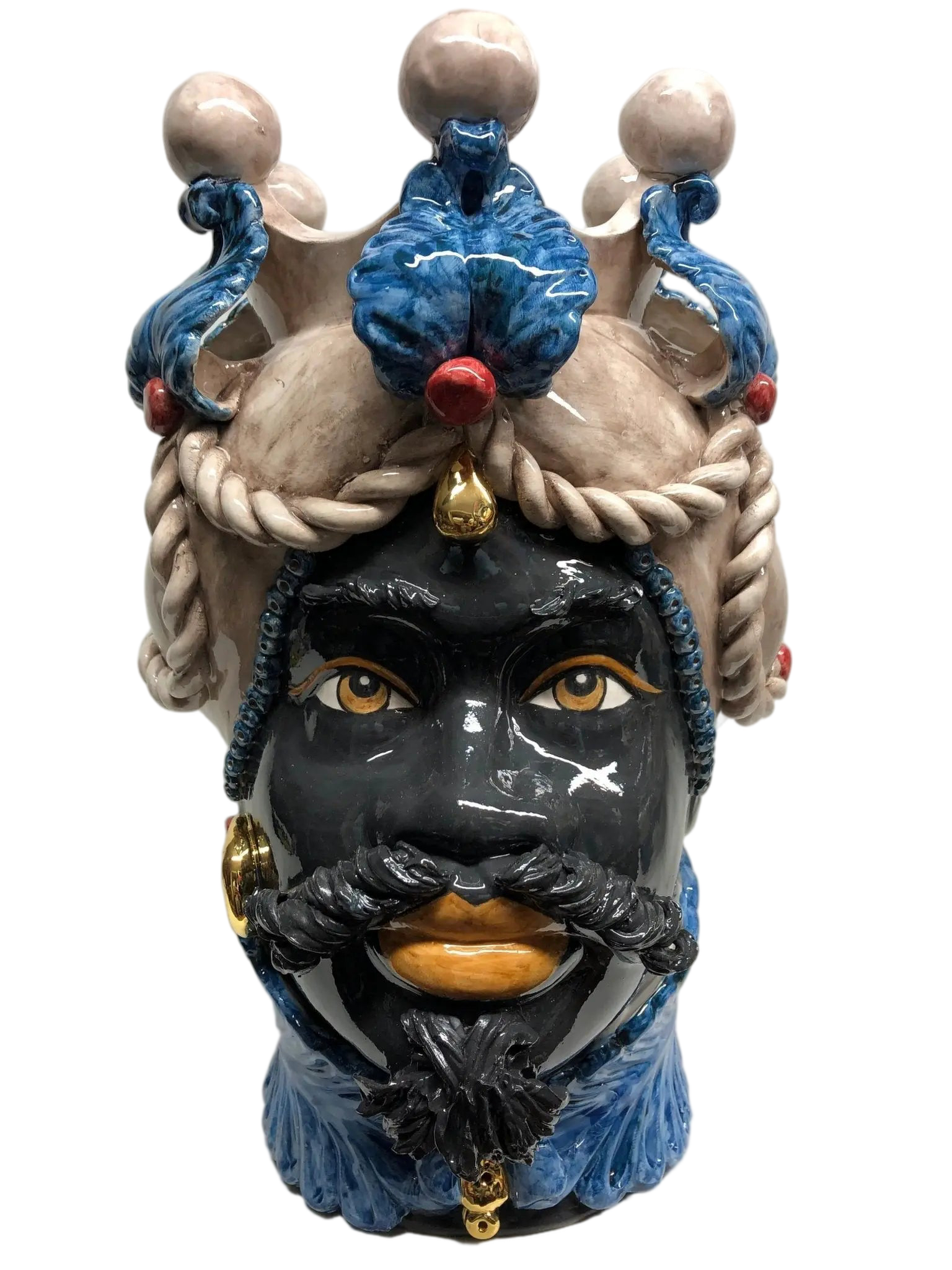 Teste di Moro Zefiro Ceramica Caltagirone cm H.43 L.26 Artigianale Écru Foglie Blu Oro - DD CERAMICHE SICILIANE