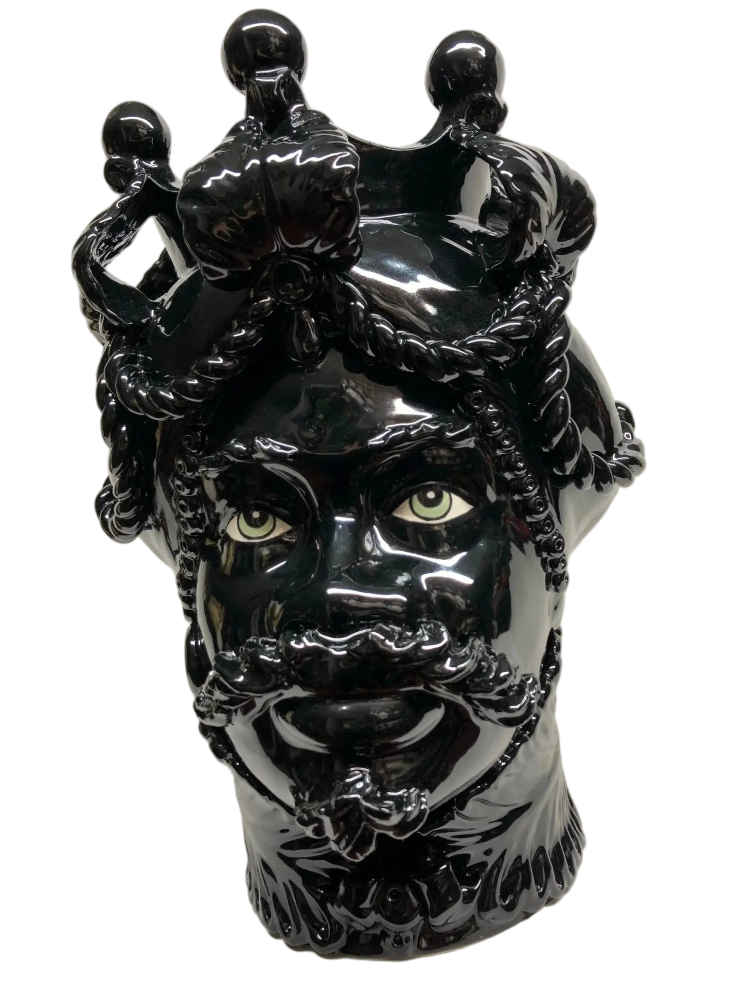 Teste di Moro Zefiro Ceramica Caltagirone cm H.43 L.26 Artigianale Nero Lucido Occhi Verde - DD CERAMICHE SICILIANE