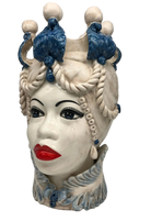 Teste di Moro Zefiro Ceramica Caltagirone cm H.43 L.26 Artigianale Écru Foglie Blu - DD CERAMICHE SICILIANE