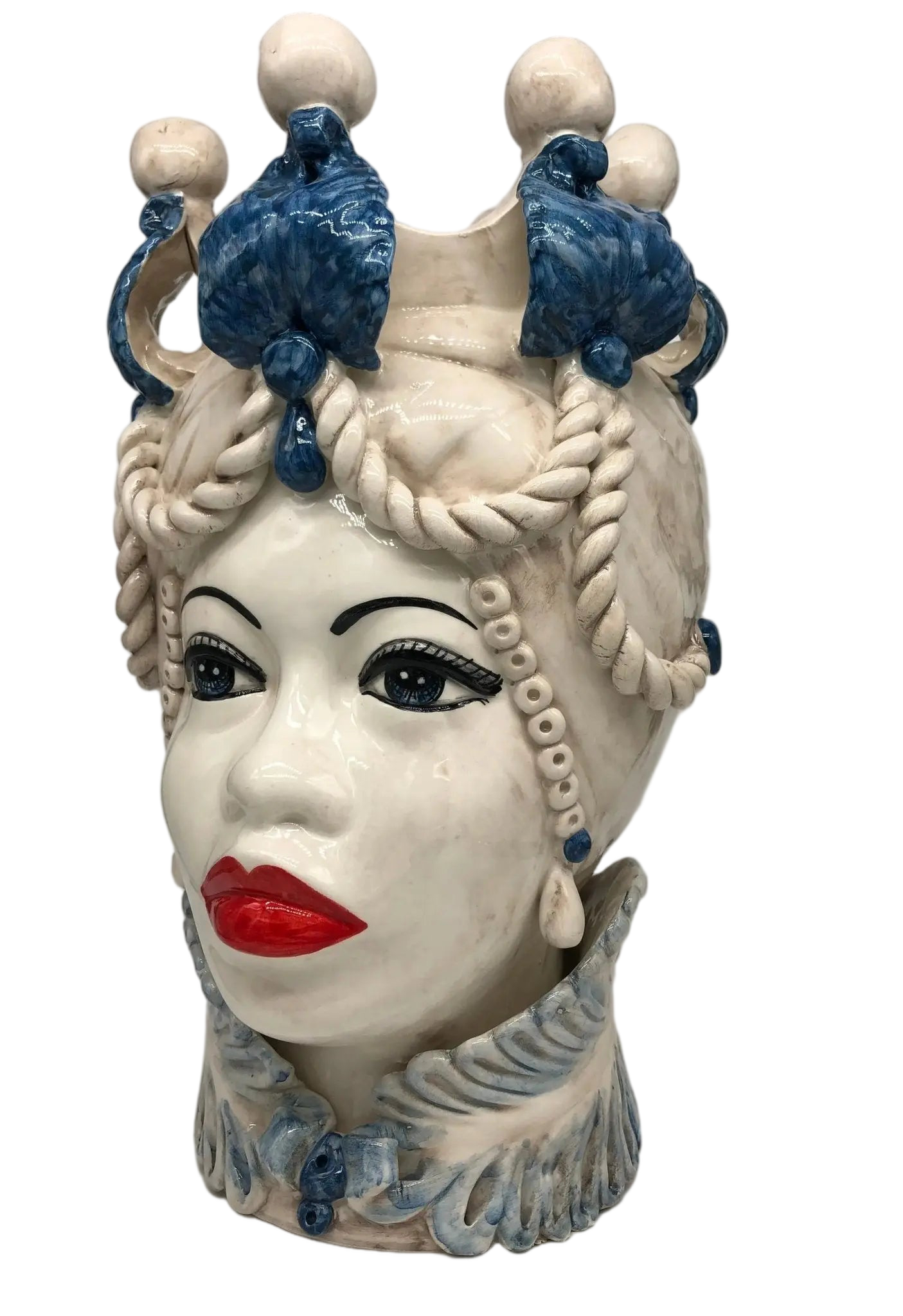 Teste di Moro Zefiro Ceramica Caltagirone cm H.43 L.26 Artigianale Écru Foglie Blu - DD CERAMICHE SICILIANE