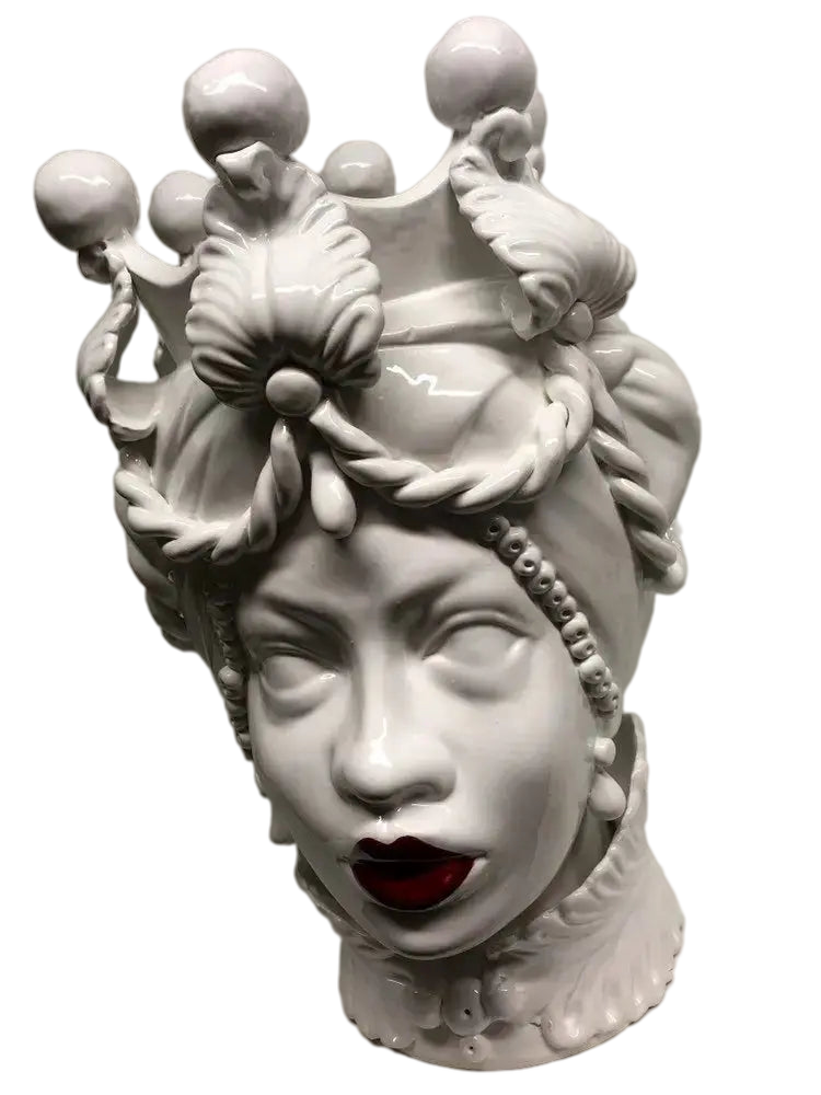 Teste di Moro Zefiro Ceramica Caltagirone cm H.43 L.26 Artigianale Bianco Labbra Rosse - DD CERAMICHE SICILIANE
