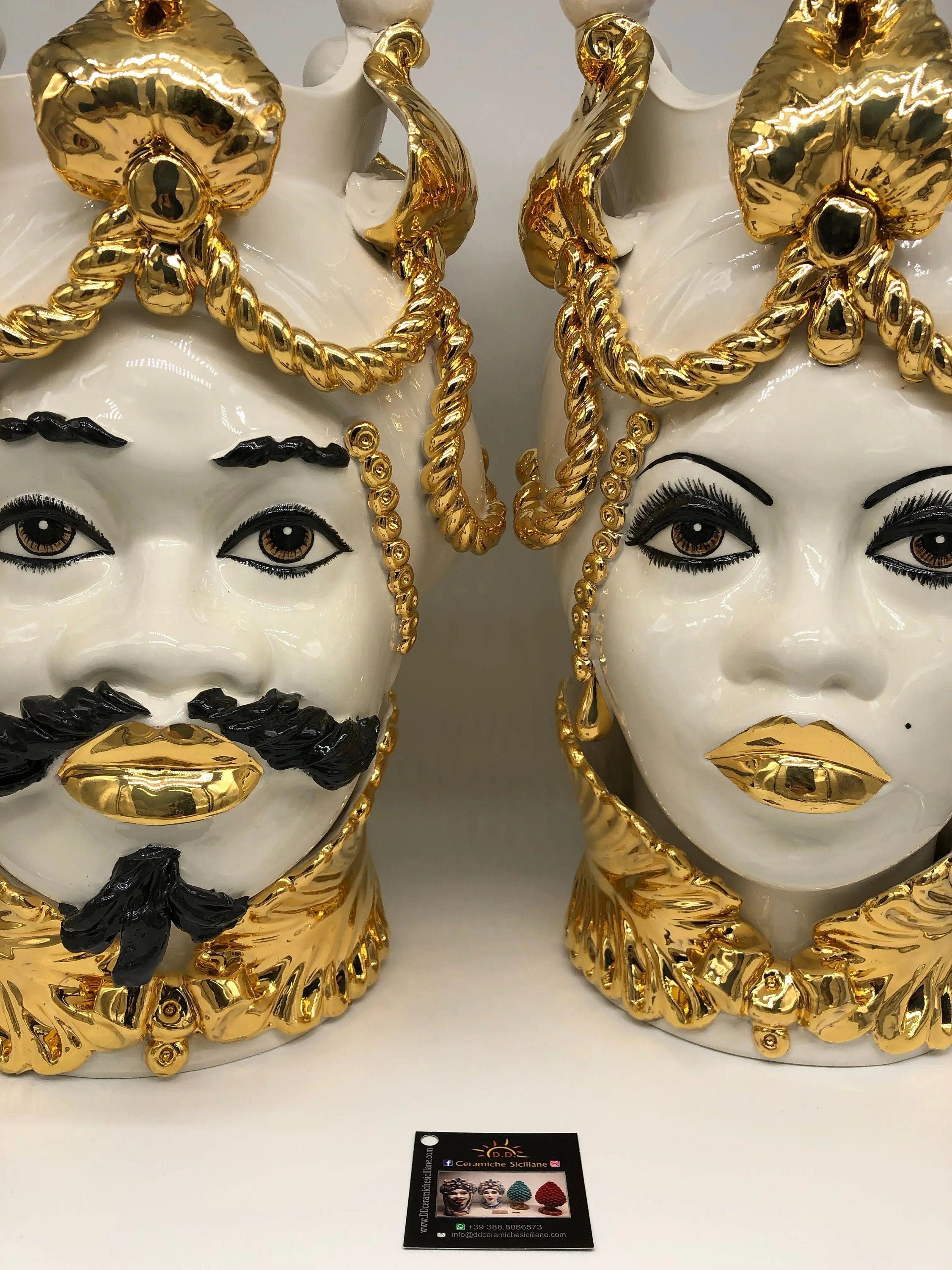 Teste di Moro Zefiro Ceramica Caltagirone cm H.43 L.26 Artigianale Bianco Oro Viso Chiaro DD CERAMICHE SICILIANE