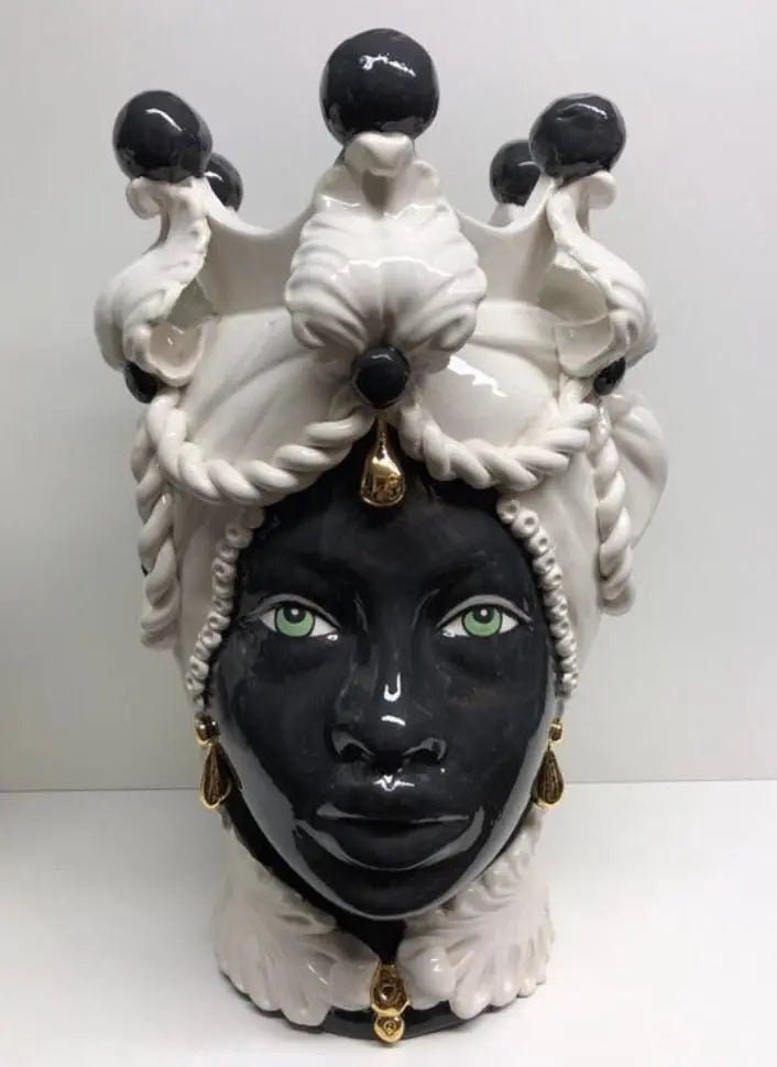 Teste di Moro Zefiro Ceramica Caltagirone cm H.43 L.26 Artigianale Bianco Nero Oro DD CERAMICHE SICILIANE