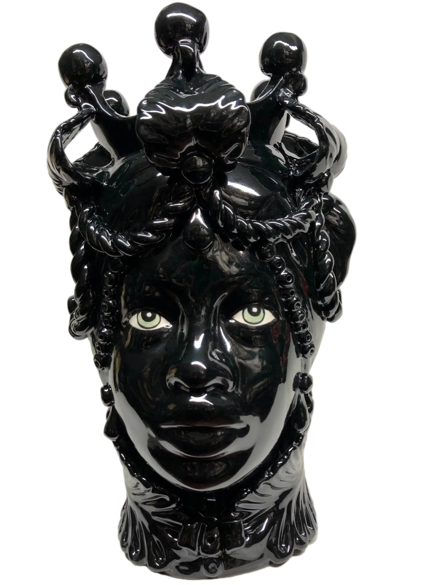 Teste di Moro Zefiro Ceramica Caltagirone cm H.43 L.26 Artigianale Nero Lucido Occhi Verde - DD CERAMICHE SICILIANE