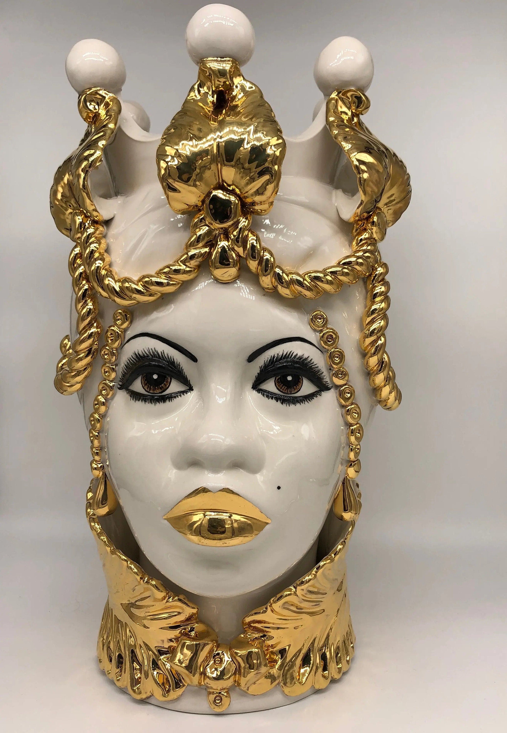 Teste di Moro Zefiro Ceramica Caltagirone cm H.43 L.26 Artigianale Bianco Oro Viso Chiaro DD CERAMICHE SICILIANE