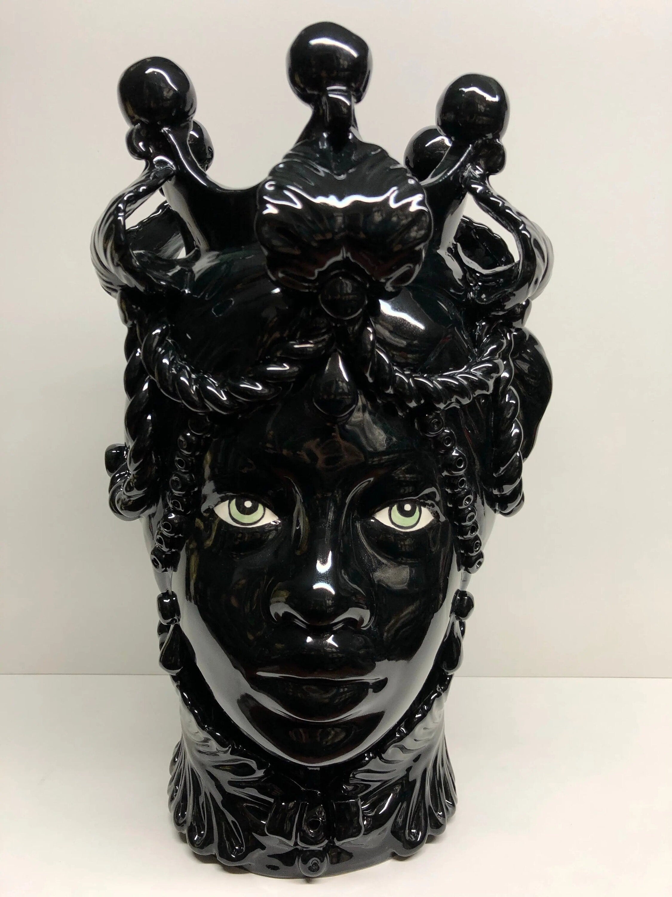 Teste di Moro Zefiro Ceramica Caltagirone cm H.43 L.26 Artigianale Nero Lucido Occhi Verde DD CERAMICHE SICILIANE