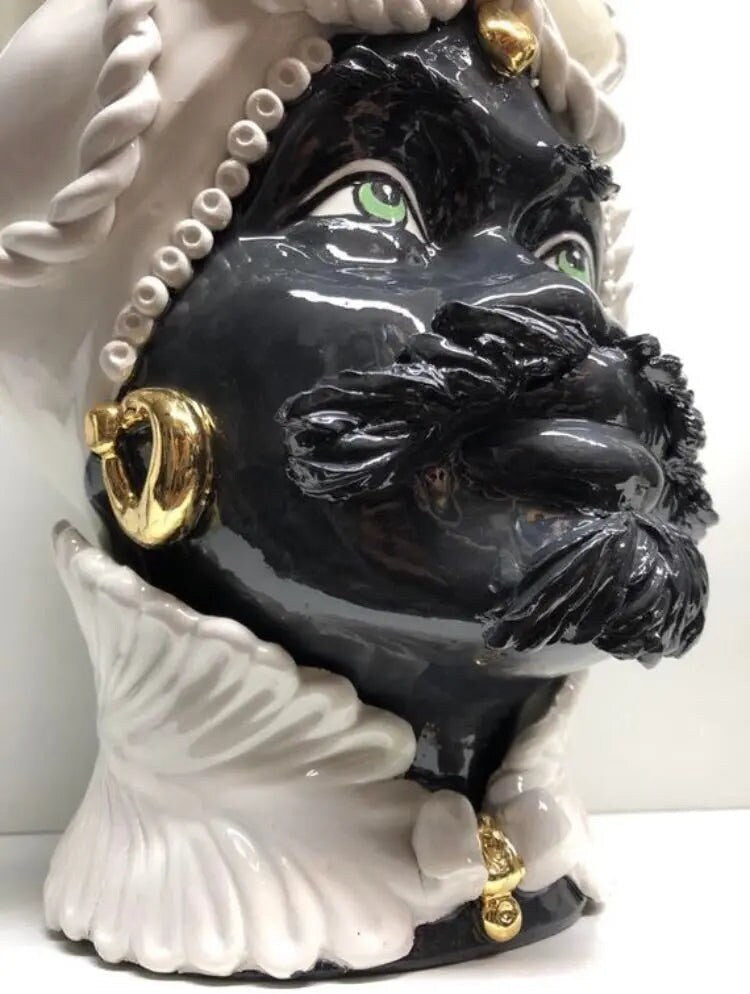 Teste di Moro Zefiro Ceramica Caltagirone cm H.43 L.26 Artigianale Bianco Nero Oro DD CERAMICHE SICILIANE