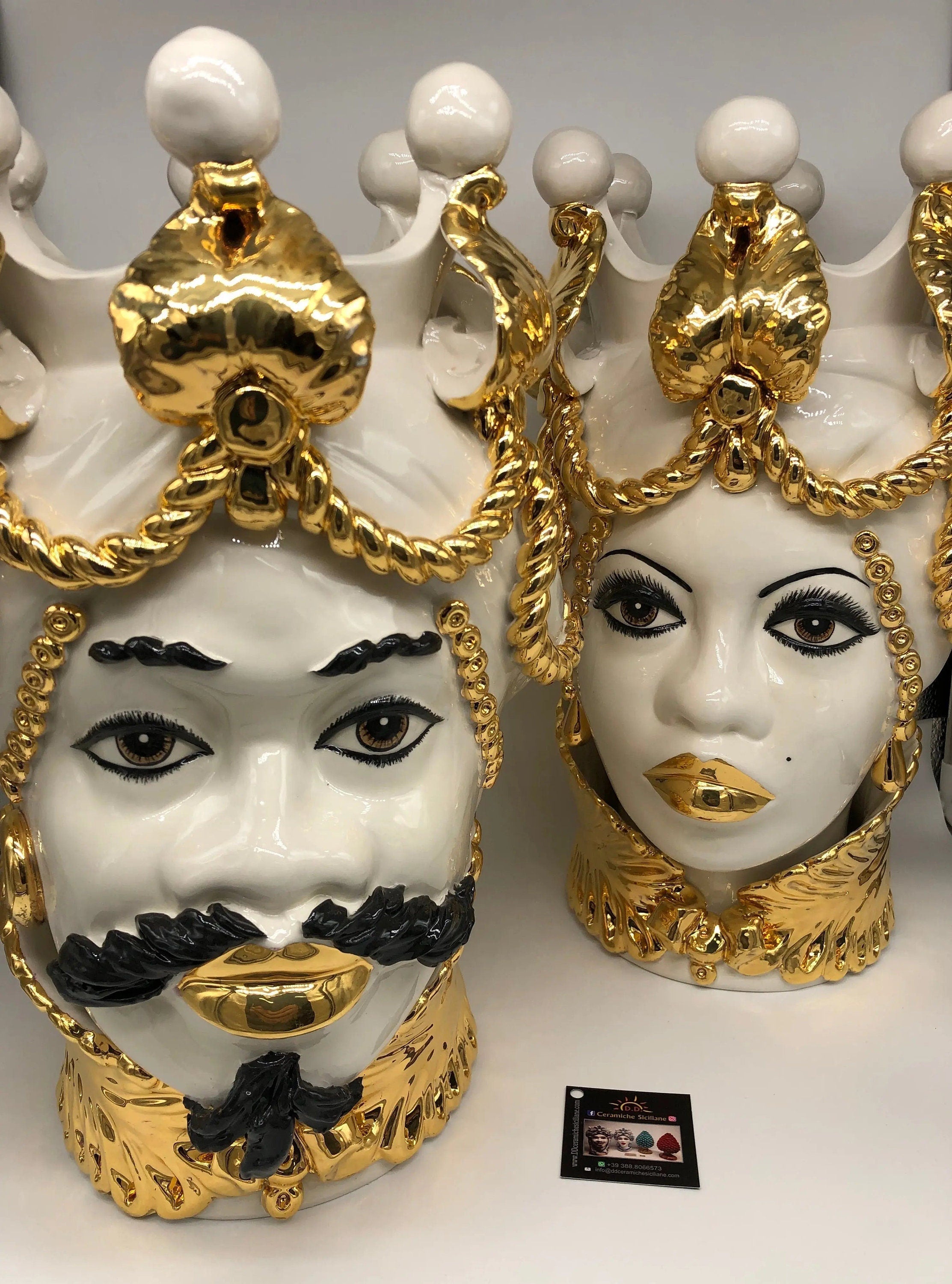 Teste di Moro Zefiro Ceramica Caltagirone cm H.43 L.26 Artigianale Bianco Oro Viso Chiaro DD CERAMICHE SICILIANE