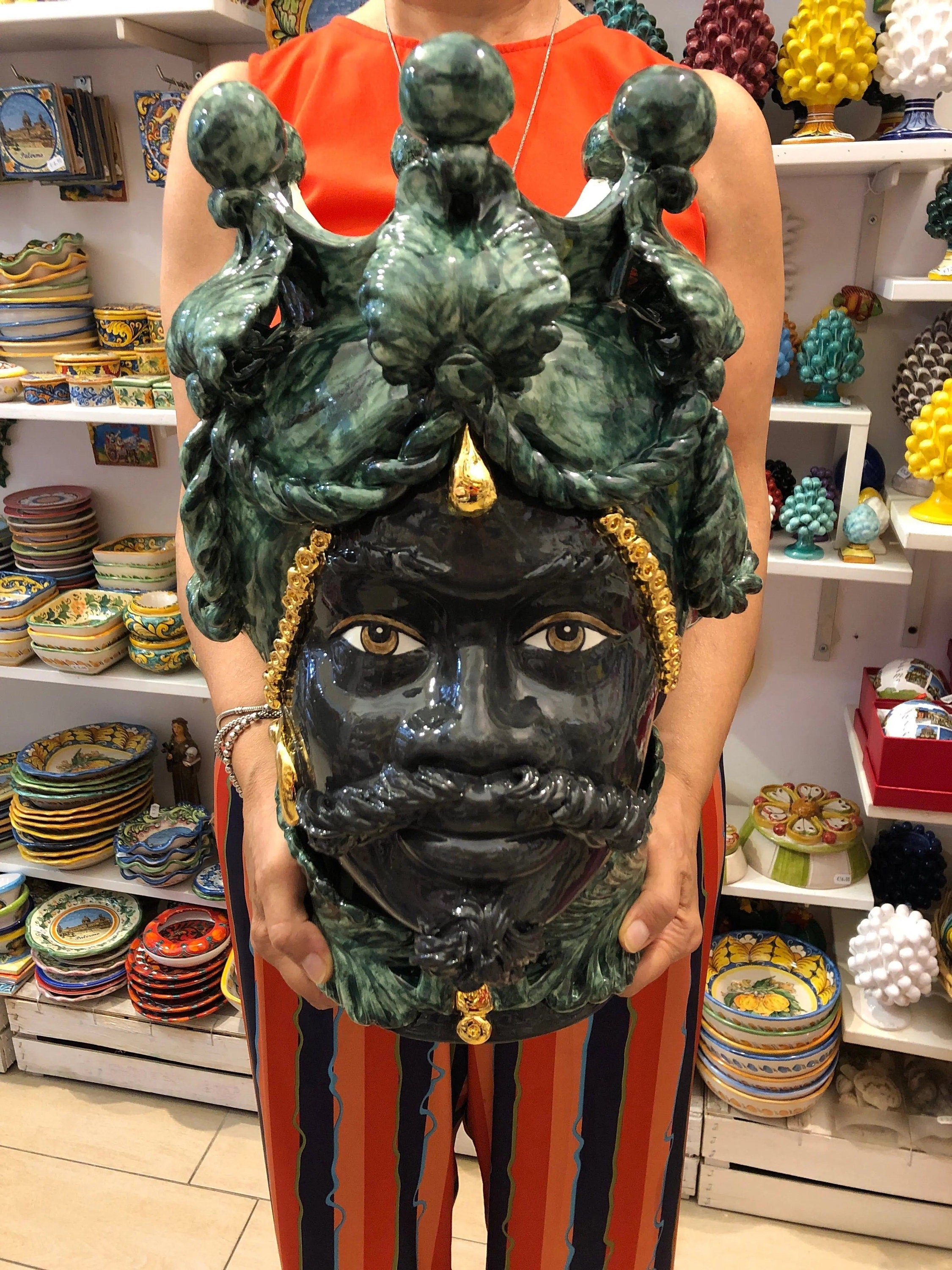 Teste di Moro Zefiro Ceramica Caltagirone cm H.43 L.26 Artigianale Verde Nero Oro DD CERAMICHE SICILIANE