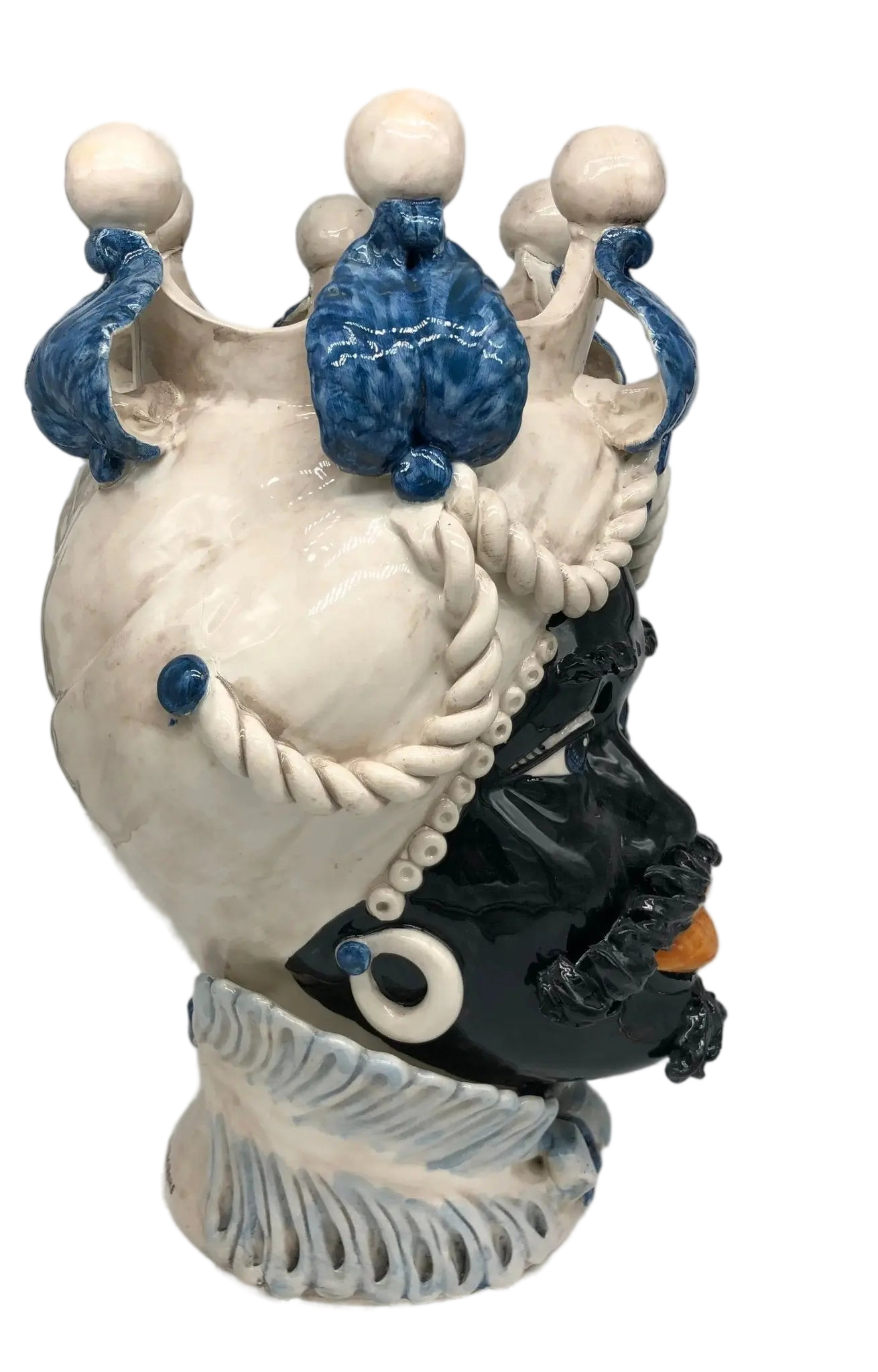 Teste di Moro Zefiro Ceramica Caltagirone cm H.43 L.26 Artigianale Écru Foglie Blu - DD CERAMICHE SICILIANE