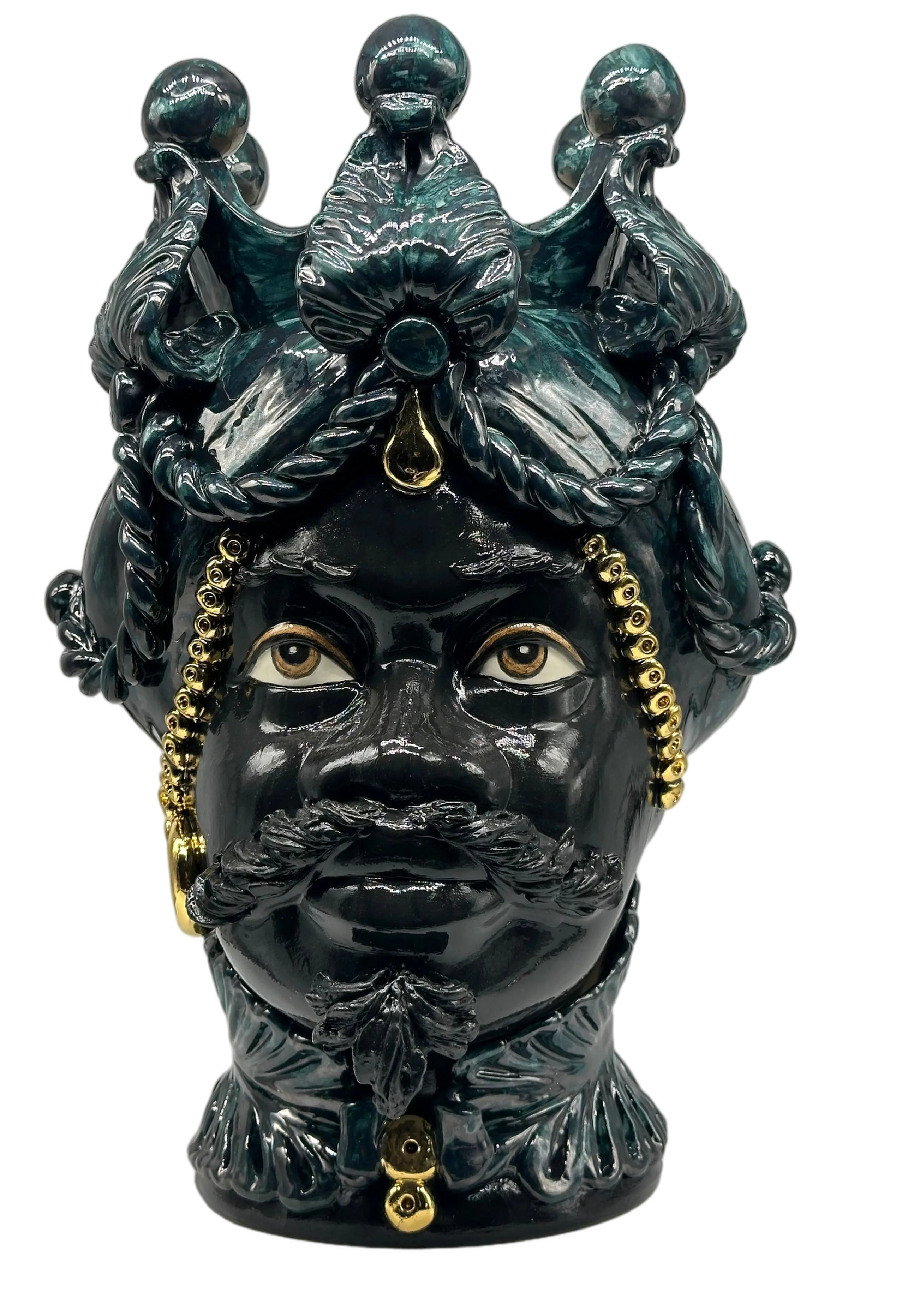 Teste di Moro Zefiro Ceramica Caltagirone cm H.43 L.26 Artigianale Verde Nero Oro DD CERAMICHE SICILIANE