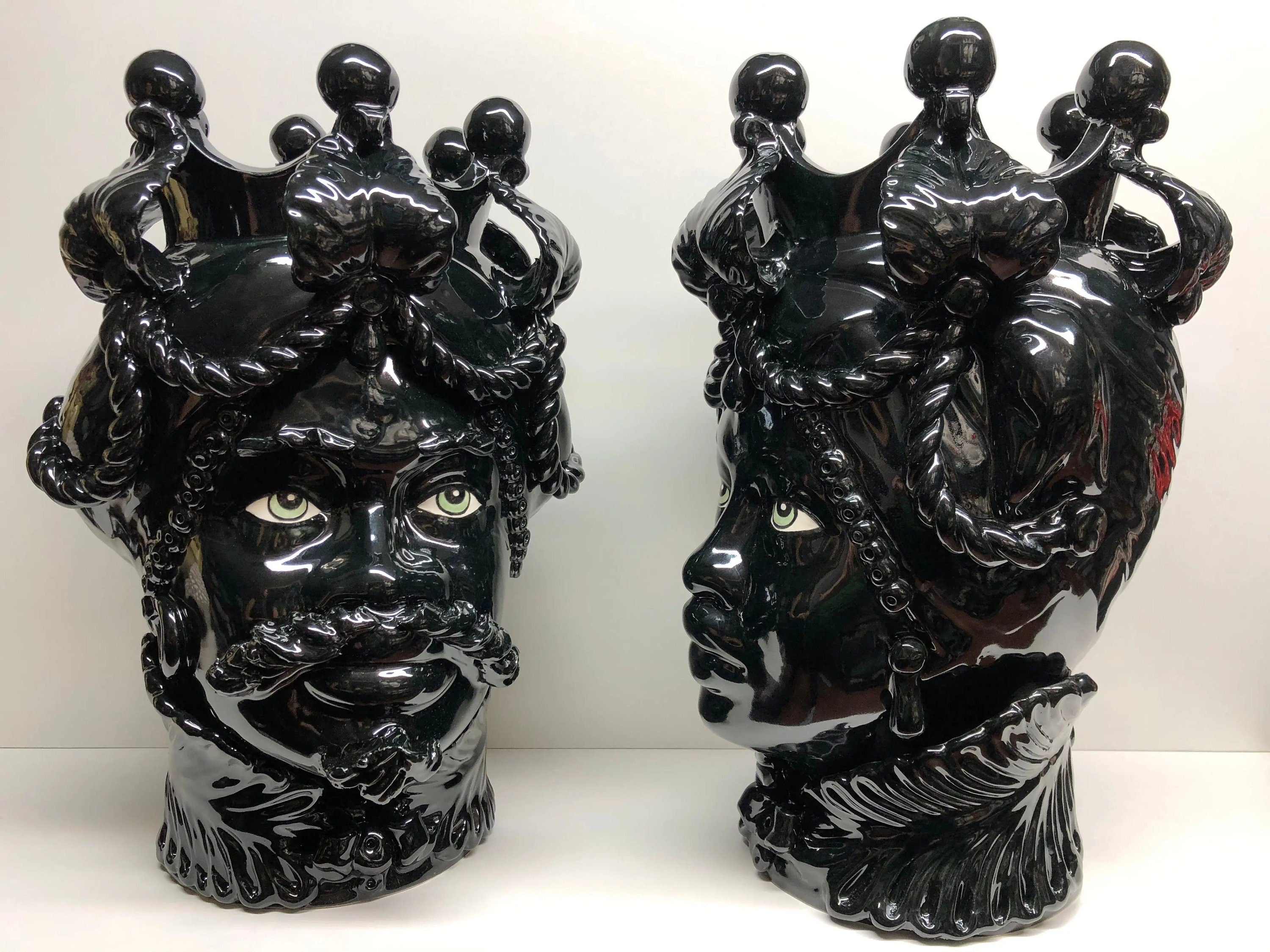Teste di Moro Zefiro Ceramica Caltagirone cm H.43 L.26 Artigianale Nero Lucido Occhi Verde DD CERAMICHE SICILIANE