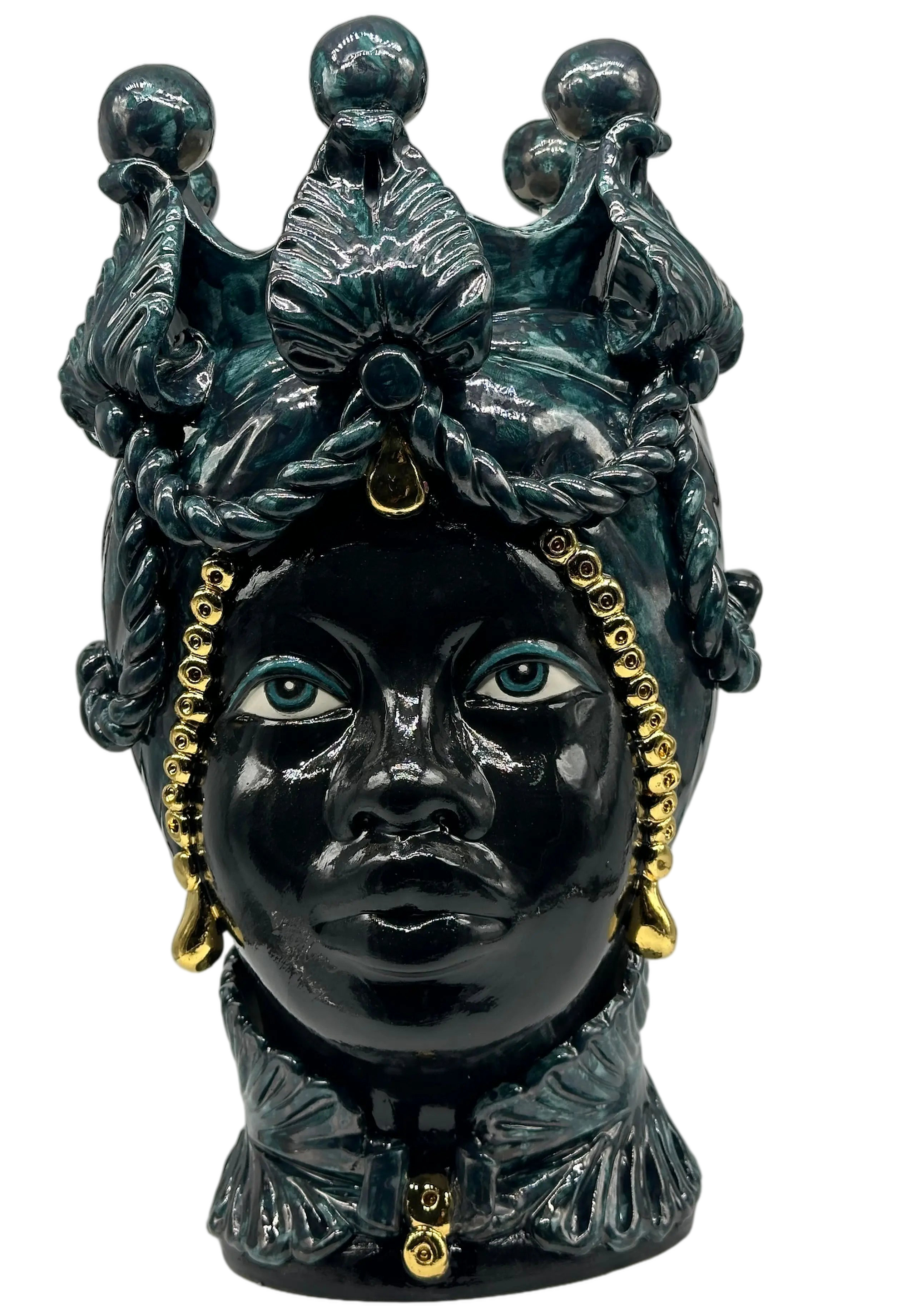 Teste di Moro Zefiro Ceramica Caltagirone cm H.43 L.26 Artigianale Verde Nero Oro DD CERAMICHE SICILIANE