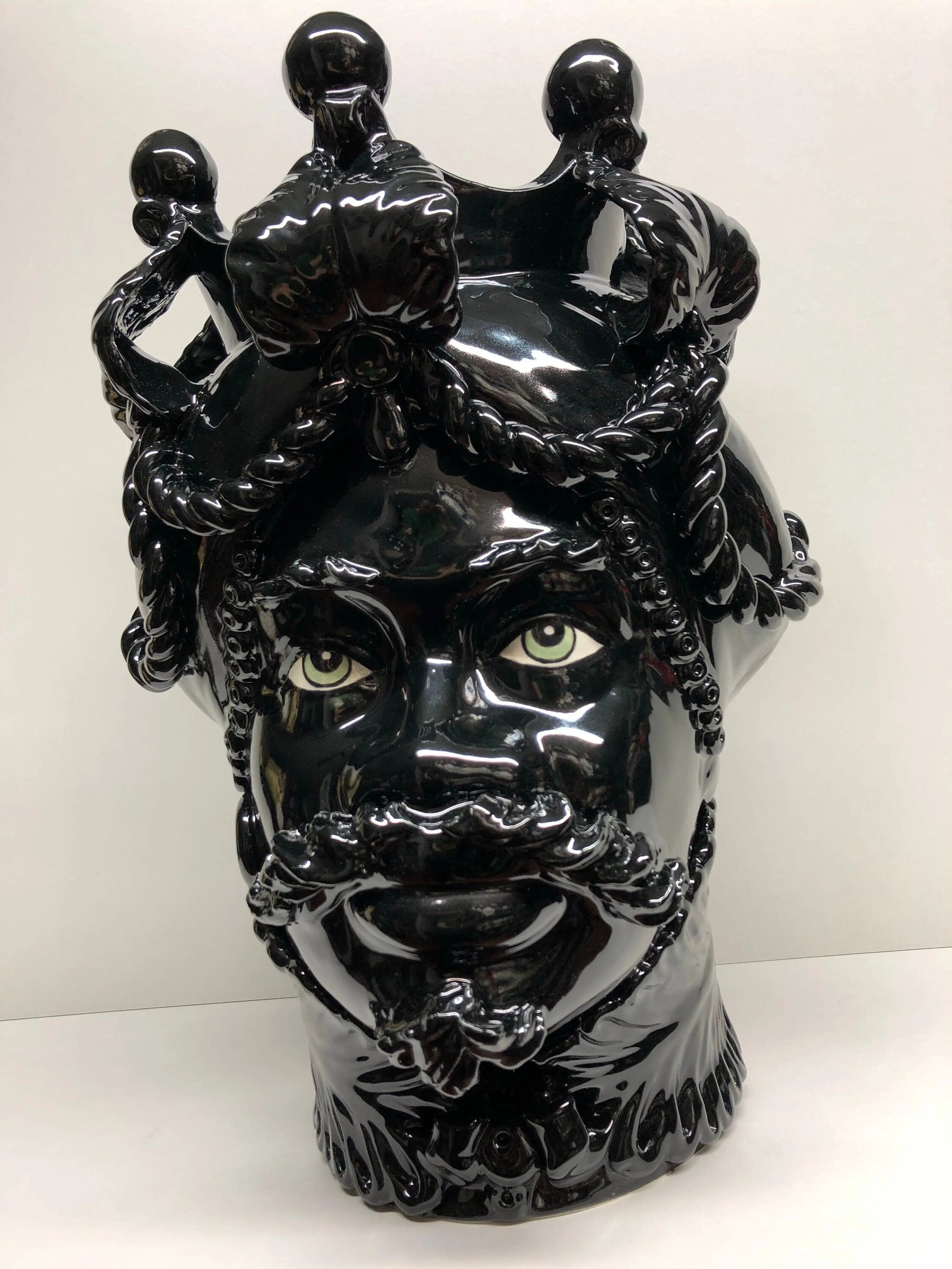 Teste di Moro Zefiro Ceramica Caltagirone cm H.43 L.26 Artigianale Nero Lucido Occhi Verde DD CERAMICHE SICILIANE