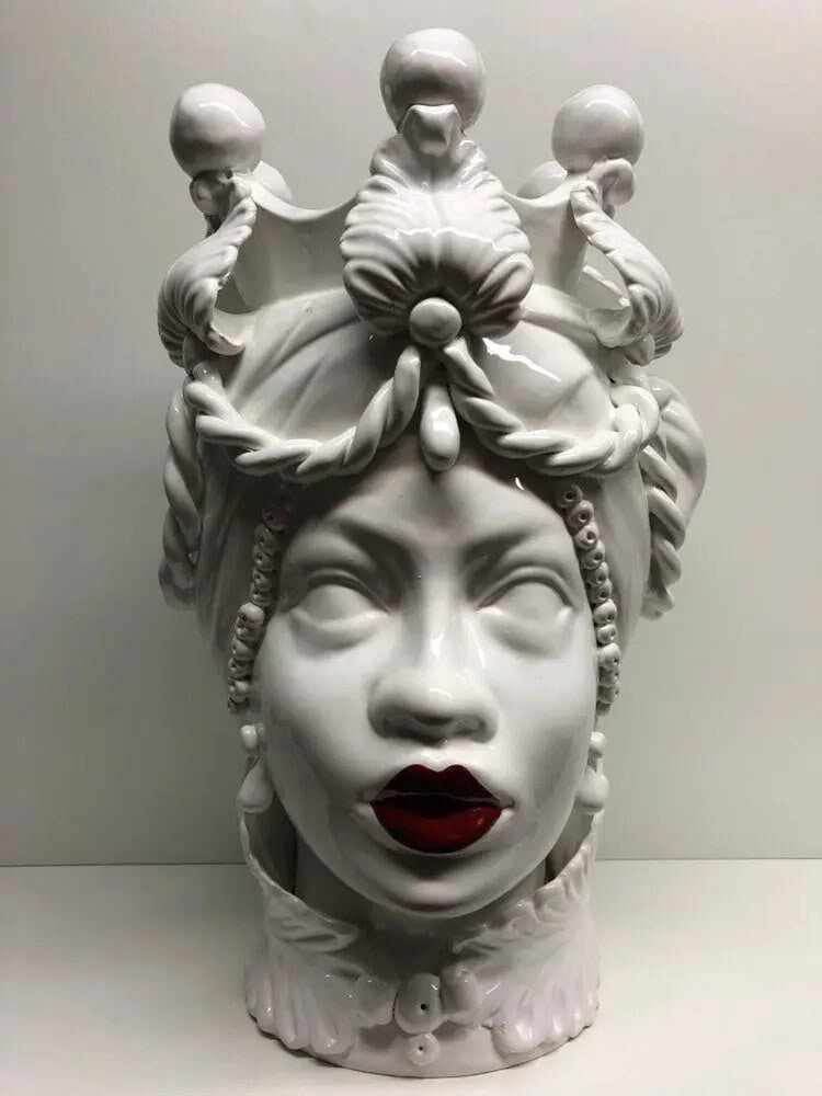Teste di Moro Zefiro Ceramica Caltagirone cm H.43 L.26 Artigianale Bianco Labbra Rosse DD CERAMICHE SICILIANE