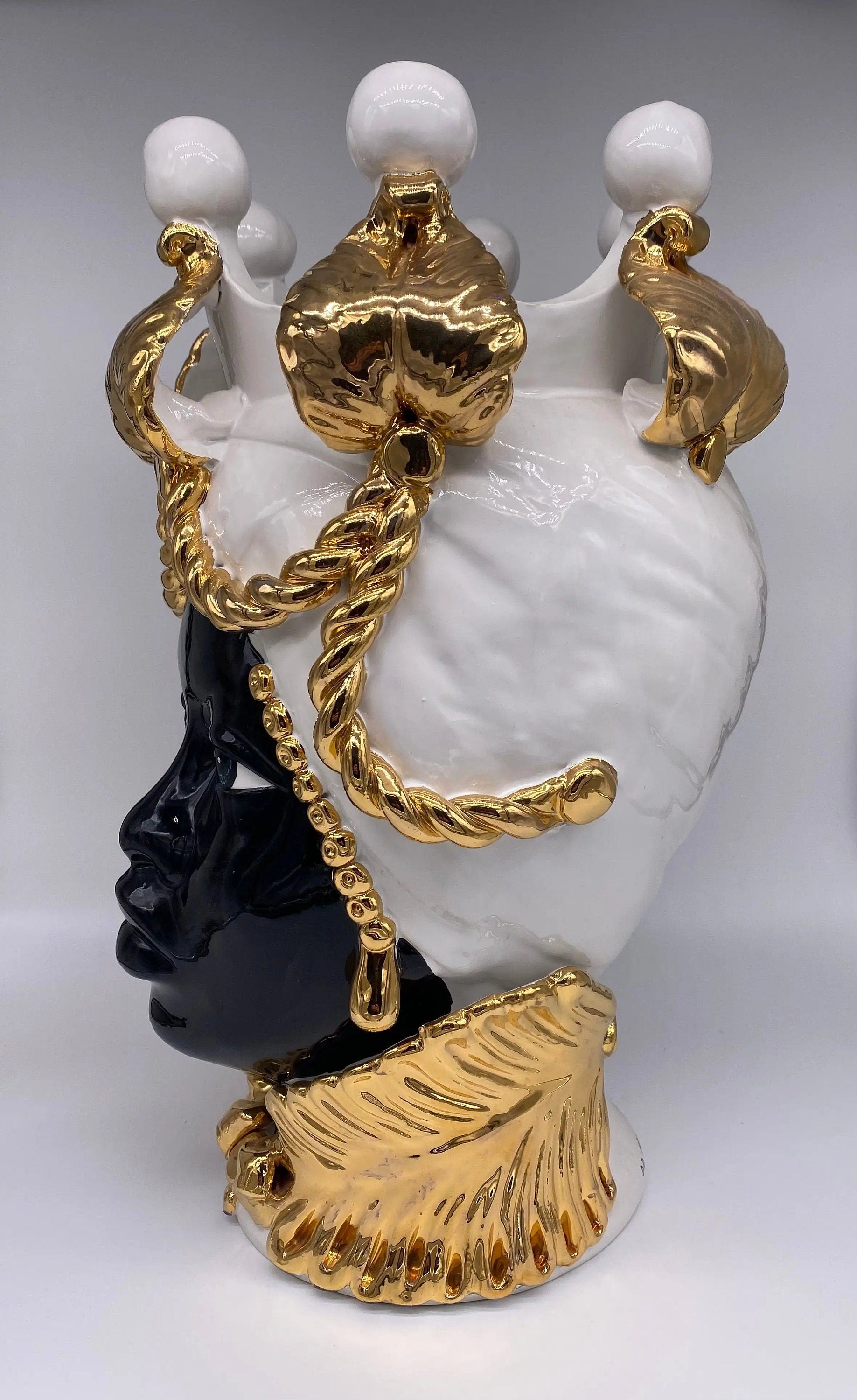 Teste di Moro Zefiro Ceramica Caltagirone cm H.43 L.26 Artigianale Bianco Oro Viso Scuro DD CERAMICHE SICILIANE