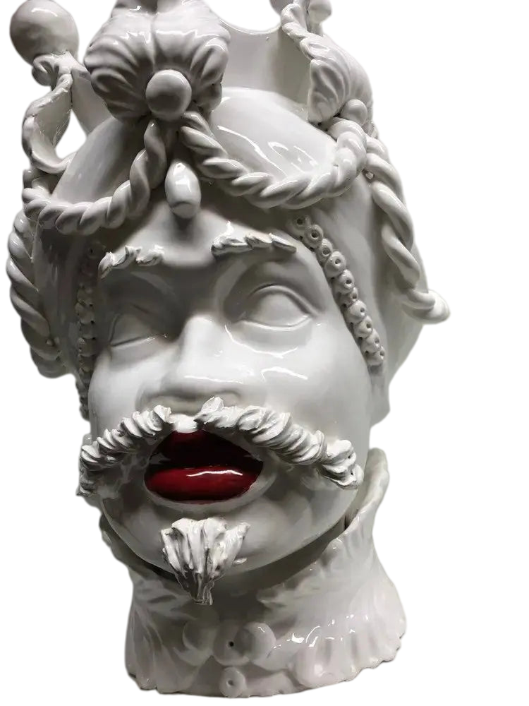 Teste di Moro Zefiro Ceramica Caltagirone cm H.43 L.26 Artigianale Bianco Labbra Rosse - DD CERAMICHE SICILIANE