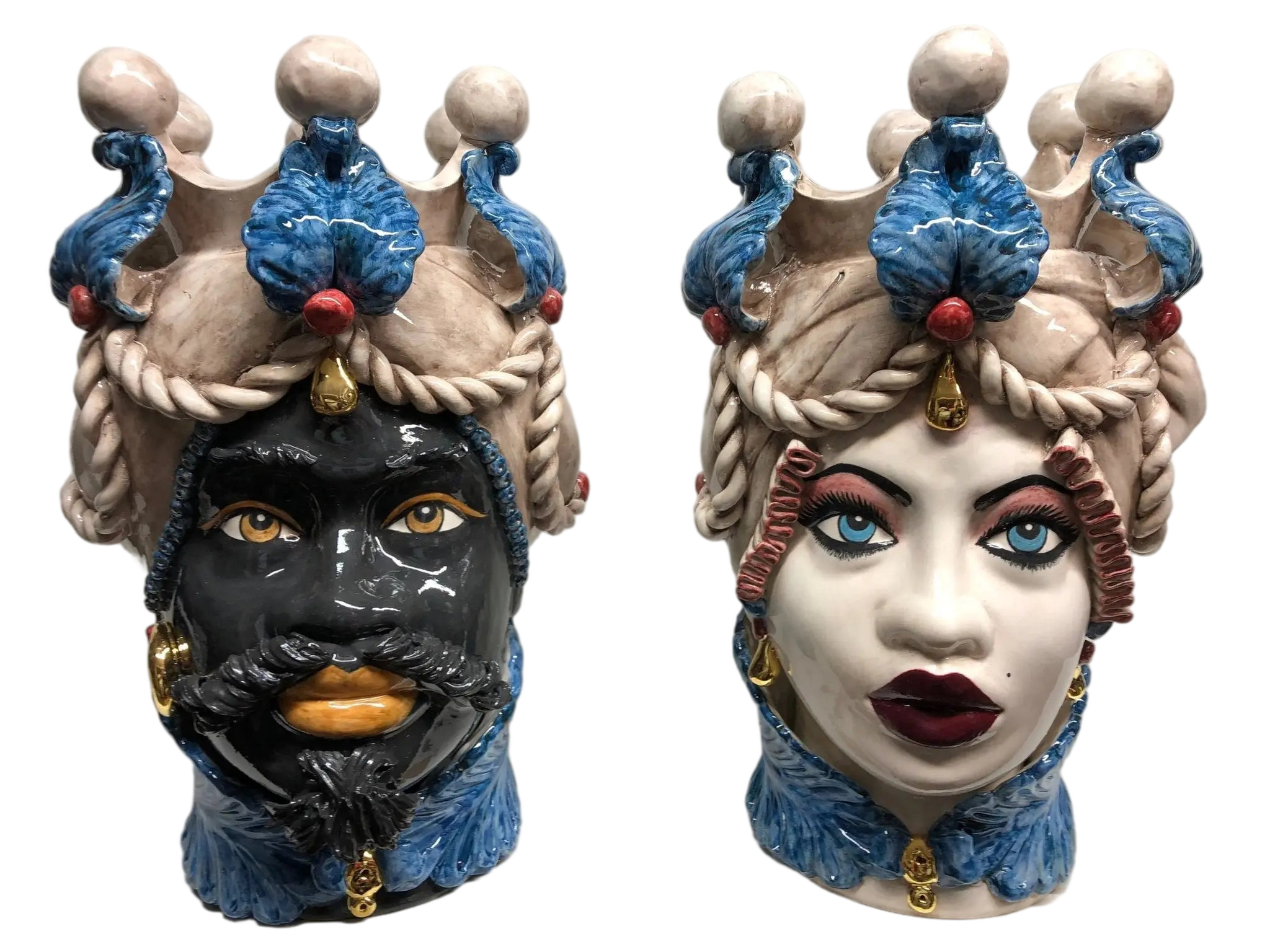 Teste di Moro Zefiro Ceramica Caltagirone cm H.43 L.26 Artigianale Écru Foglie Blu Oro - DD CERAMICHE SICILIANE