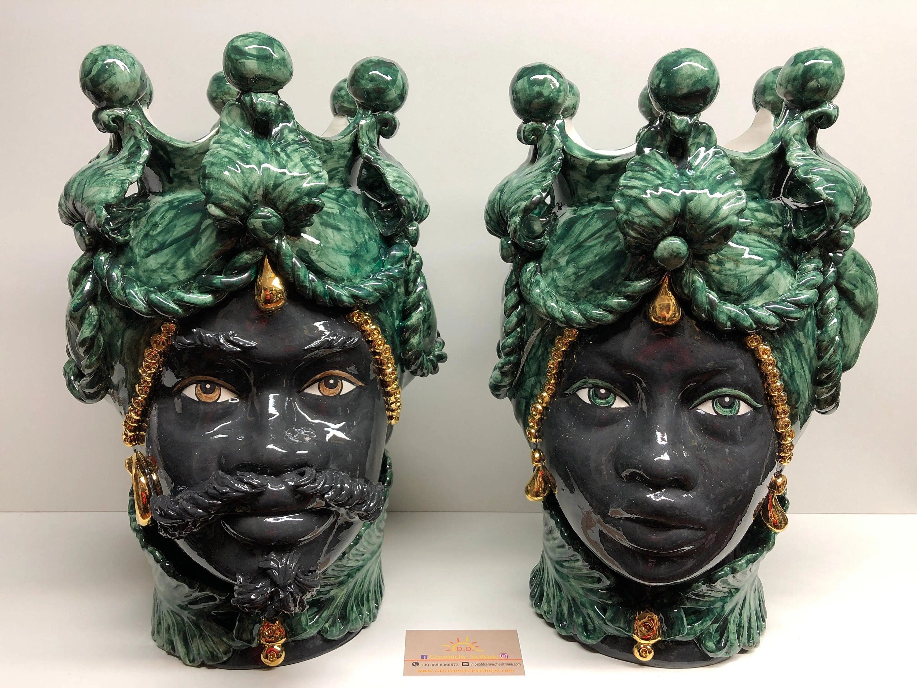 Teste di Moro Zefiro Ceramica Caltagirone cm H.43 L.26 Artigianale Verde Nero Oro DD CERAMICHE SICILIANE