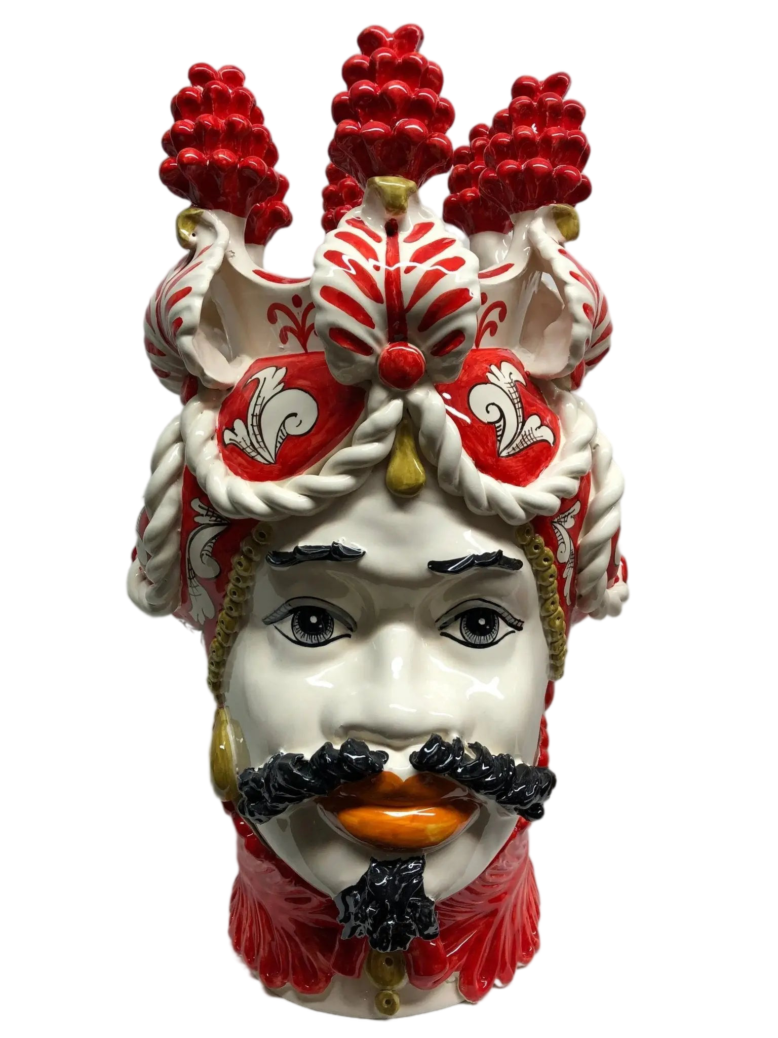Teste di Moro Zefiro Corona Pigne Ceramica Caltagirone cm H.48 L.28 Artigianale Rosso - DD CERAMICHE SICILIANE