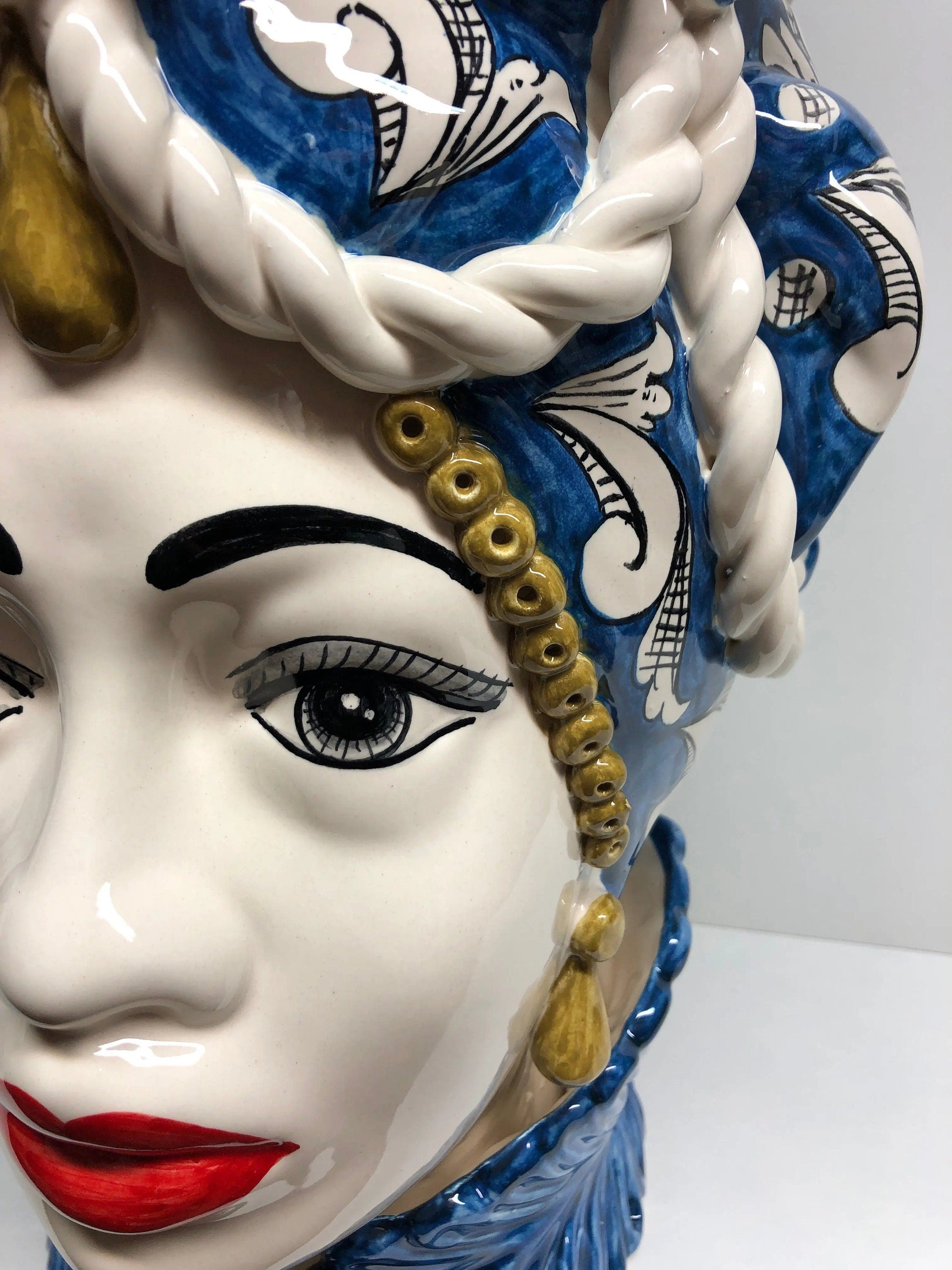 Teste di Moro Zefiro Corona Pigne Ceramica Caltagirone cm H.48 L.28 Artigianale Blu DD CERAMICHE SICILIANE