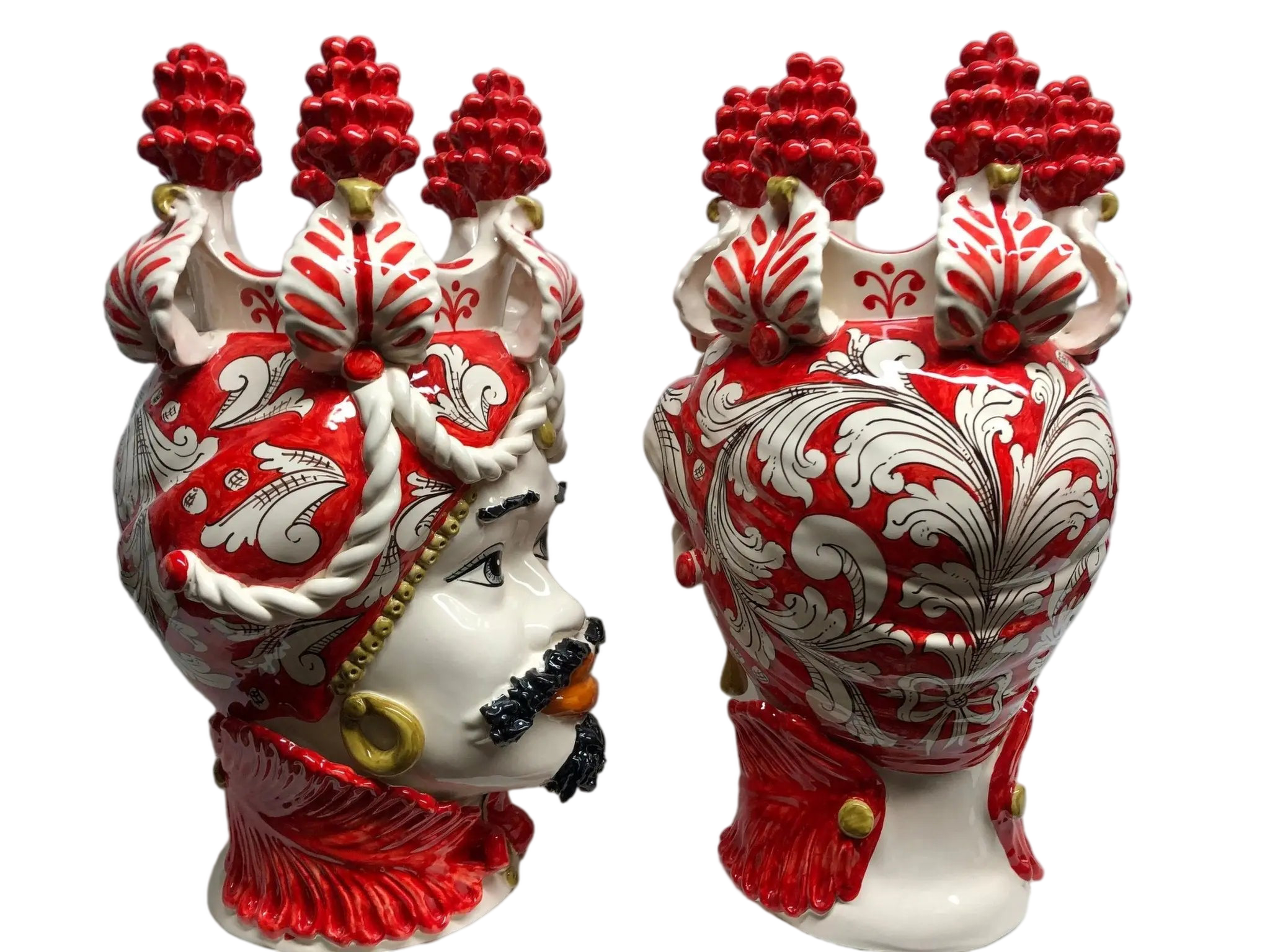 Teste di Moro Zefiro Corona Pigne Ceramica Caltagirone cm H.48 L.28 Artigianale Rosso - DD CERAMICHE SICILIANE