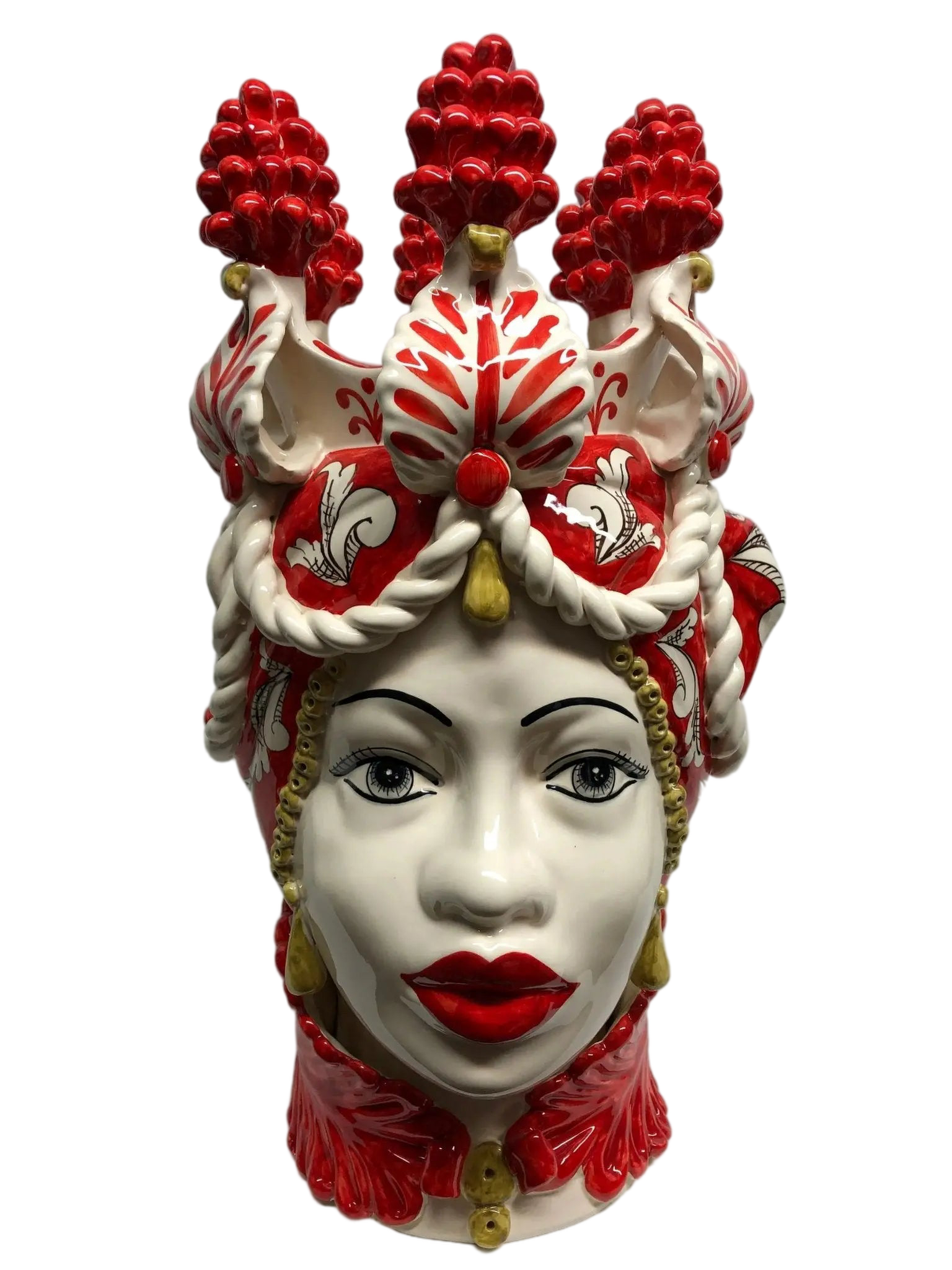 Teste di Moro Zefiro Corona Pigne Ceramica Caltagirone cm H.48 L.28 Artigianale Rosso - DD CERAMICHE SICILIANE