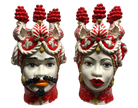 Teste di Moro Zefiro Corona Pigne Ceramica Caltagirone cm H.48 L.28 Artigianale Rosso - DD CERAMICHE SICILIANE