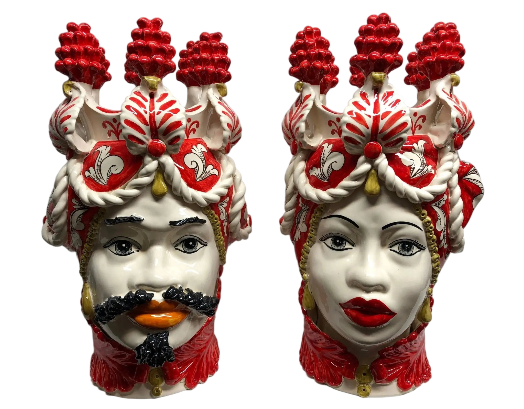 Teste di Moro Zefiro Corona Pigne Ceramica Caltagirone cm H.48 L.28 Artigianale Rosso - DD CERAMICHE SICILIANE