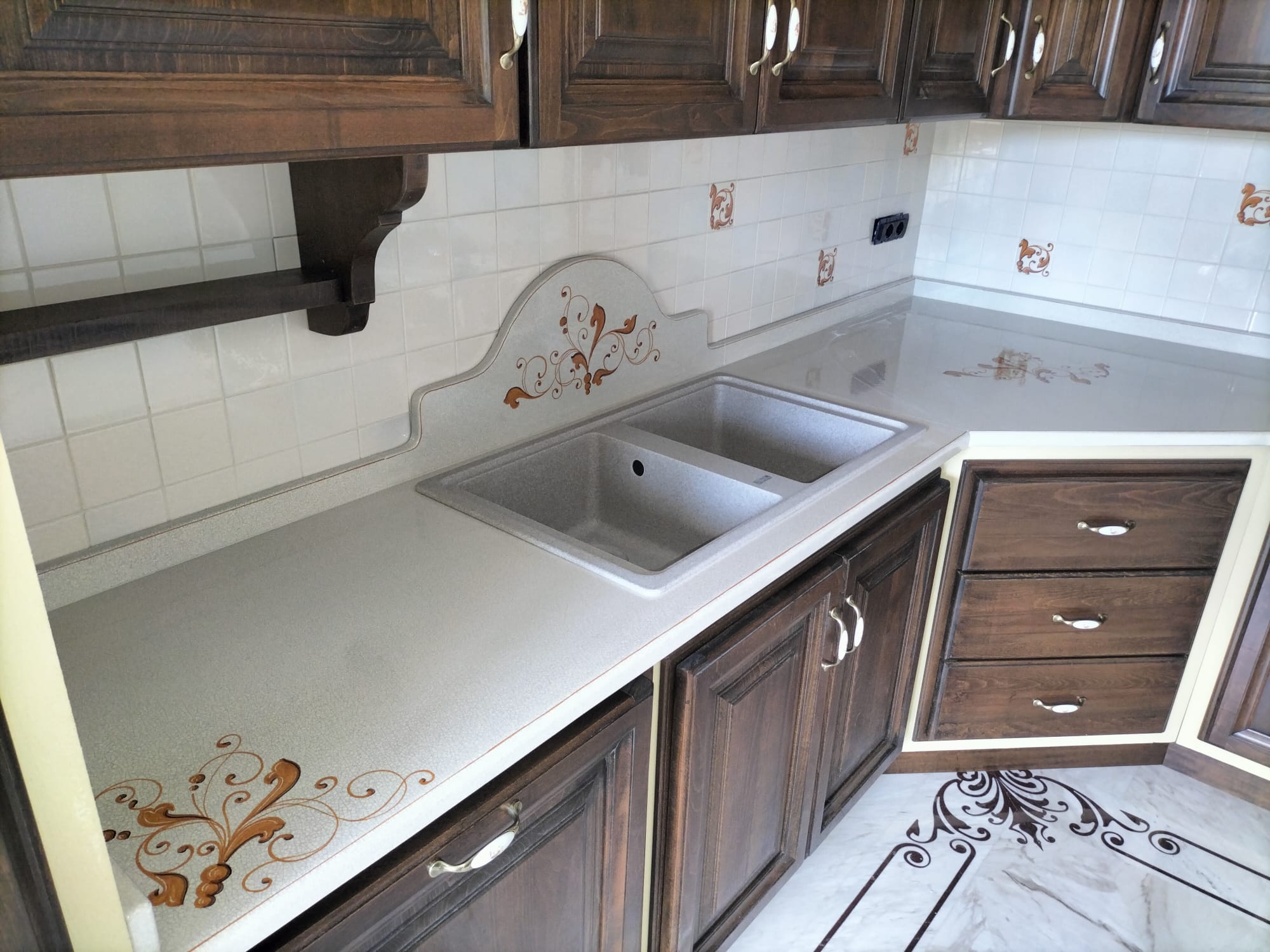 Top per Cucina Pietra Lavica Decoro Volute Arancio - TOP PIETRA LAVICA