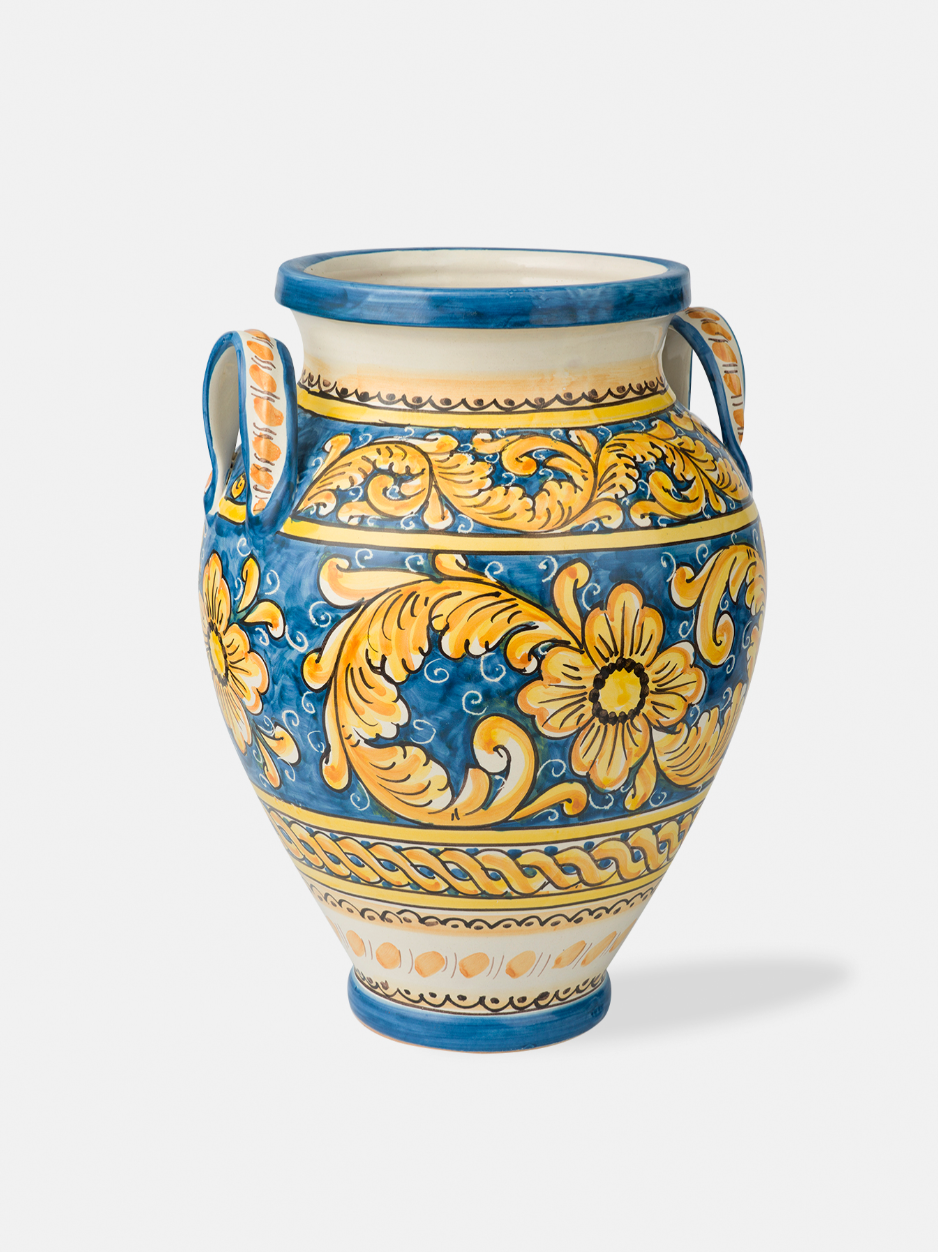 Vaso con Manici TDS cm H.40 Ceramica Caltagirone Decoro Blu Giallo - OGGETTISTICA