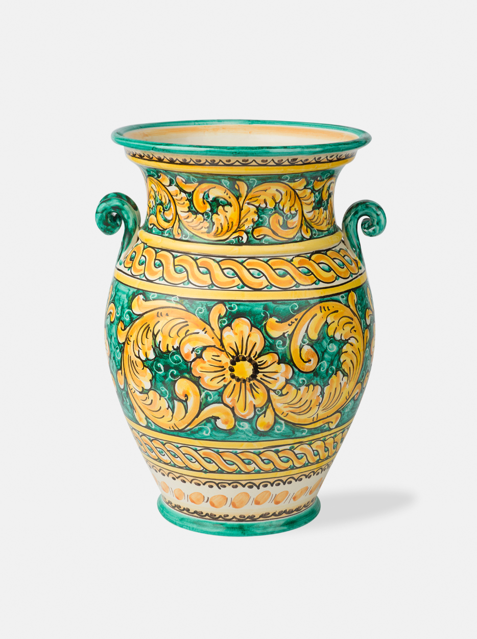 Vaso con Manici TDS cm H.40 Ceramica Caltagirone Decoro Verde Giallo - OGGETTISTICA