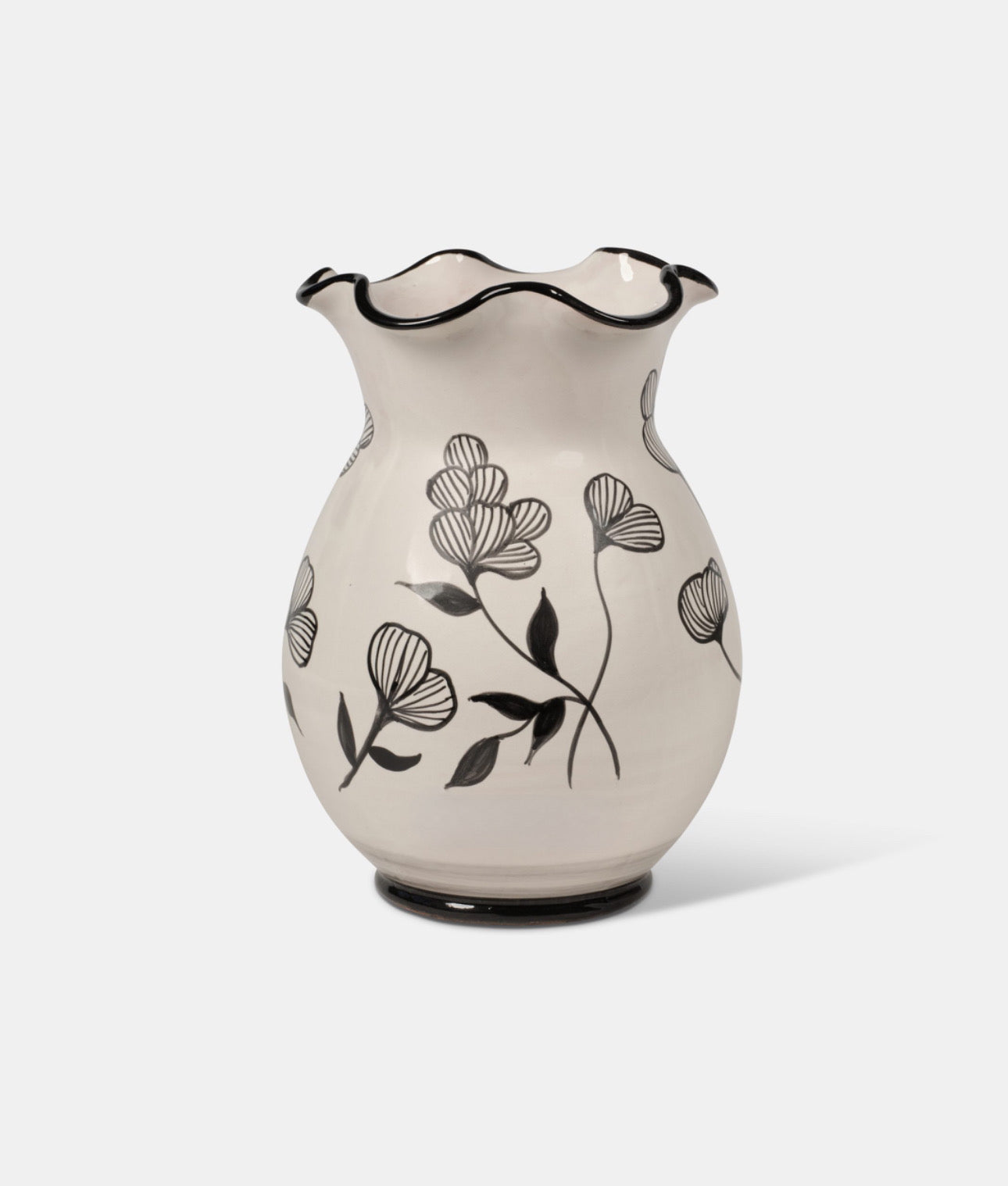 Vaso Smerlato TDS cm H.21 L.15 Ceramica Caltagirone Artigianale Fiori e Foglie Neri - VASO