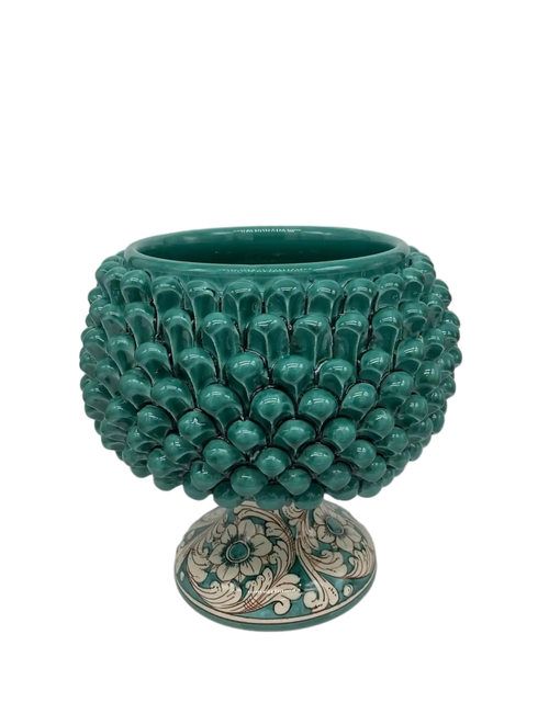 Portavaso Mezza Pigna Ceramica Caltagirone cm H.20 L.20 Artigianale Verde Cristallo Base Decorata - DD CERAMICHE SICILIANE