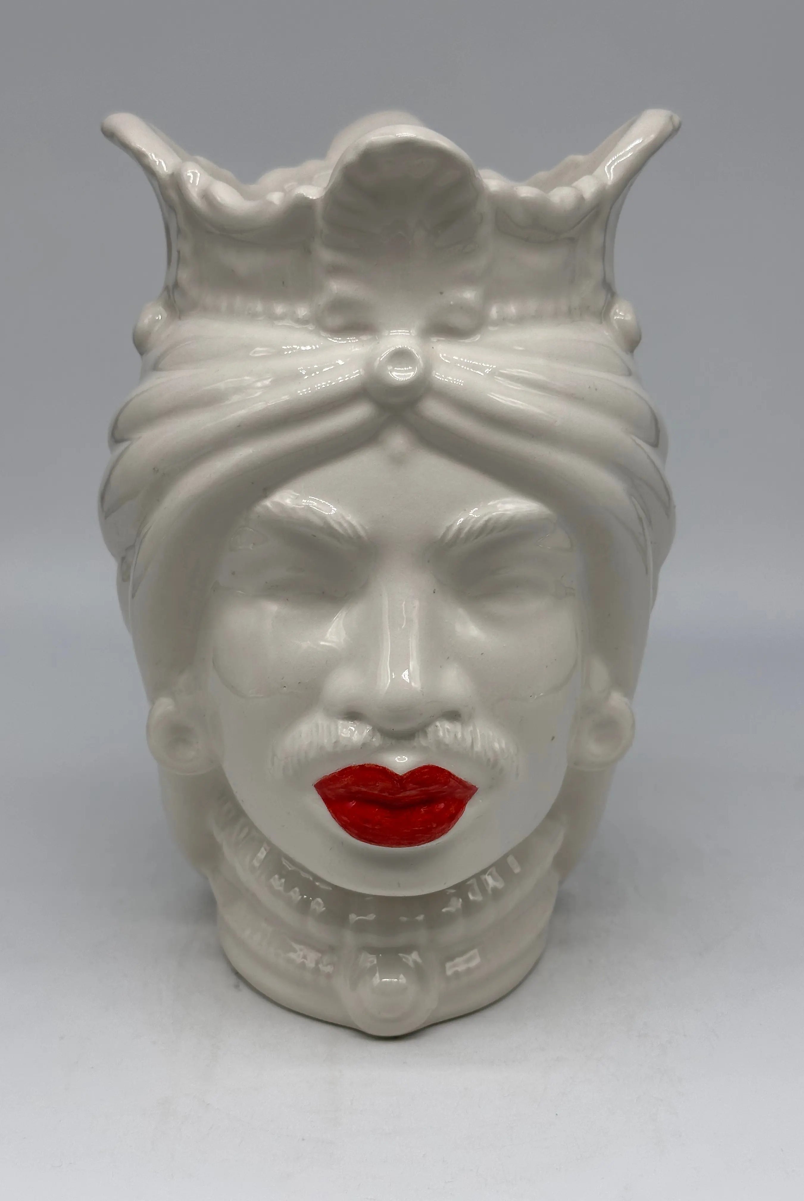 FINE SERIE - Testa di Moro Afro Uomo Ceramica Caltagirone cm H.25 L.17 Artigianale Bianco labbra Rosse DD CERAMICHE SICILIANE