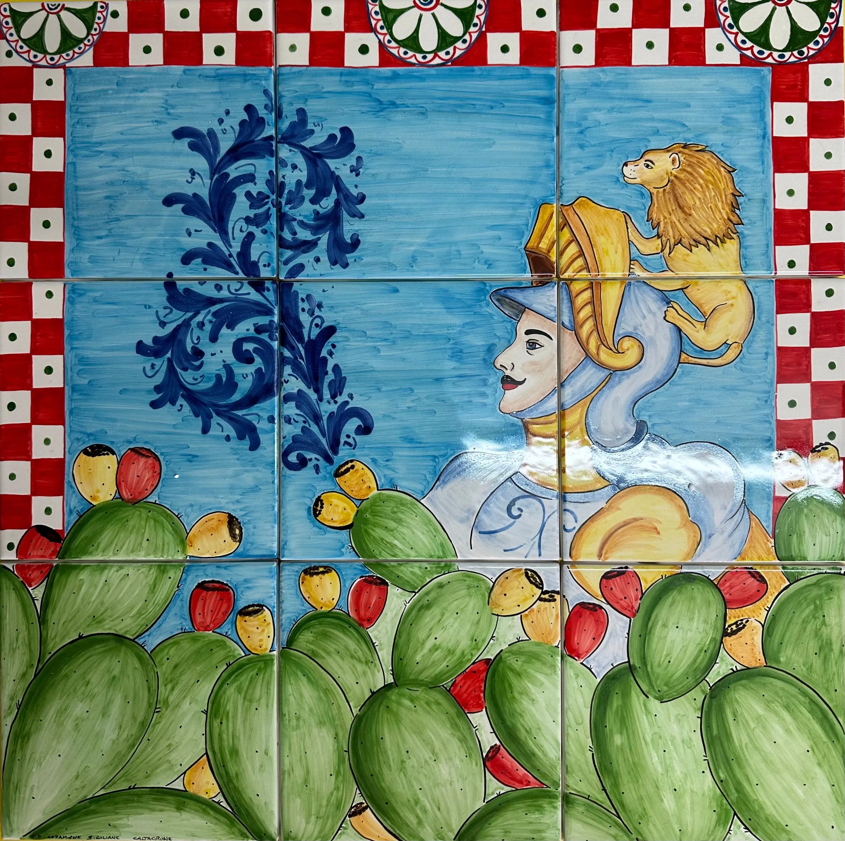 Mosaico Pannello Paladino Ceramica Caltagirone cm 60x60 Mattonelle decorate a mano DD CERAMICHE SICILIANE