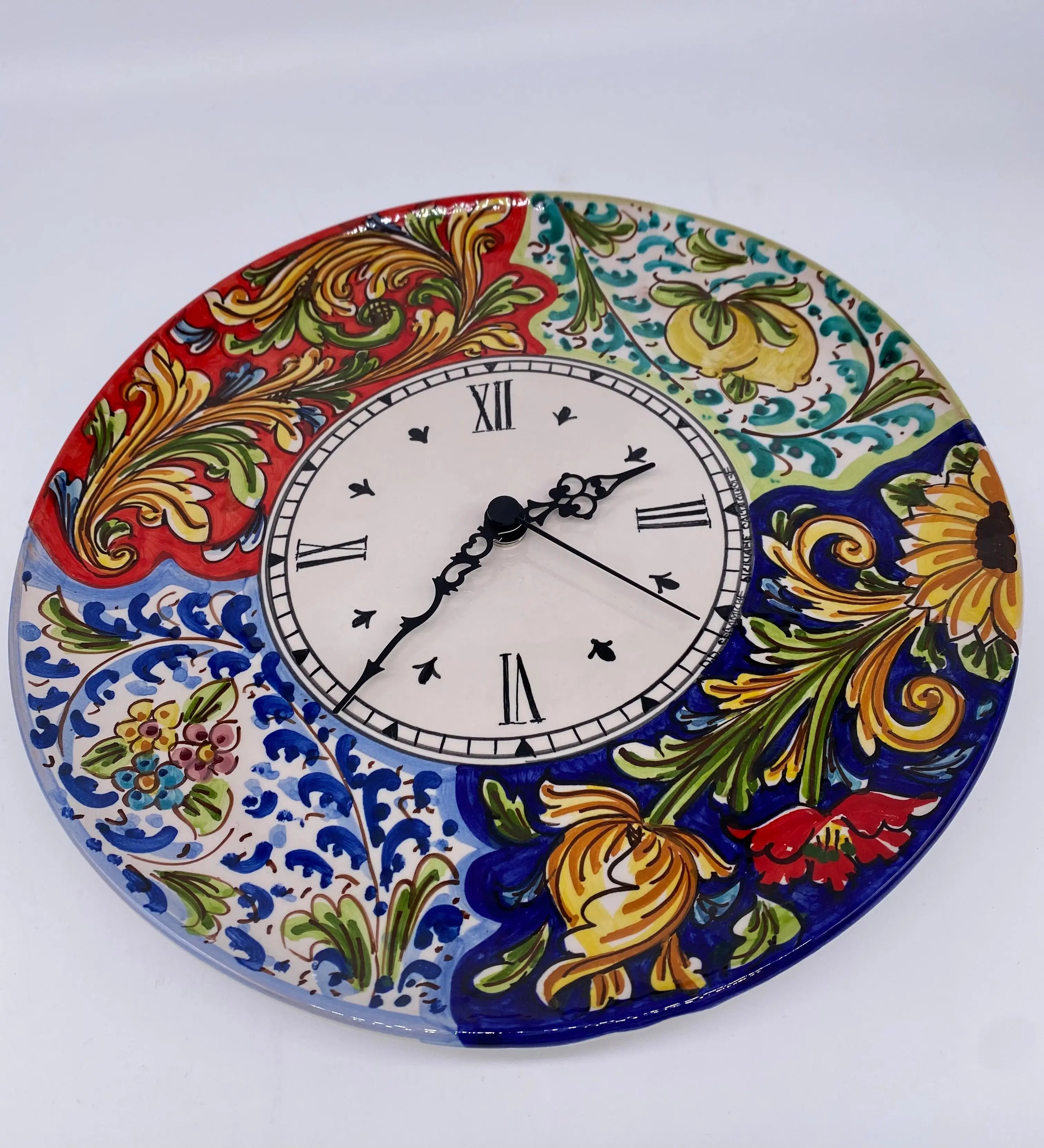 Orologio da Parete Ceramica Caltagirone Rotondo dipinto a mano cm D.30 Decoro n.3 DD CERAMICHE SICILIANE