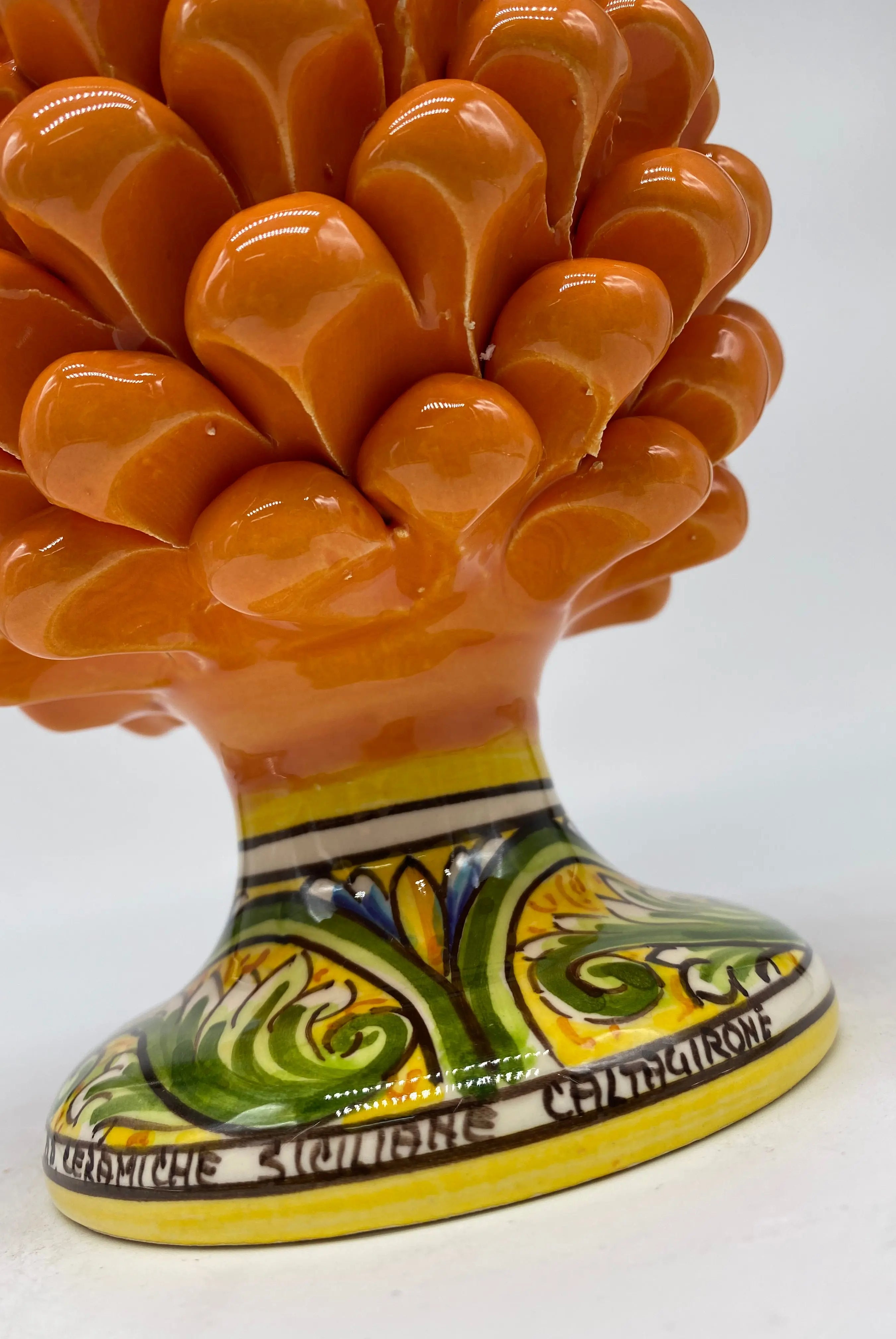 Pigna Ceramica Caltagirone cm H.20 Artigianale Arancione Base Decorata DD CERAMICHE SICILIANE