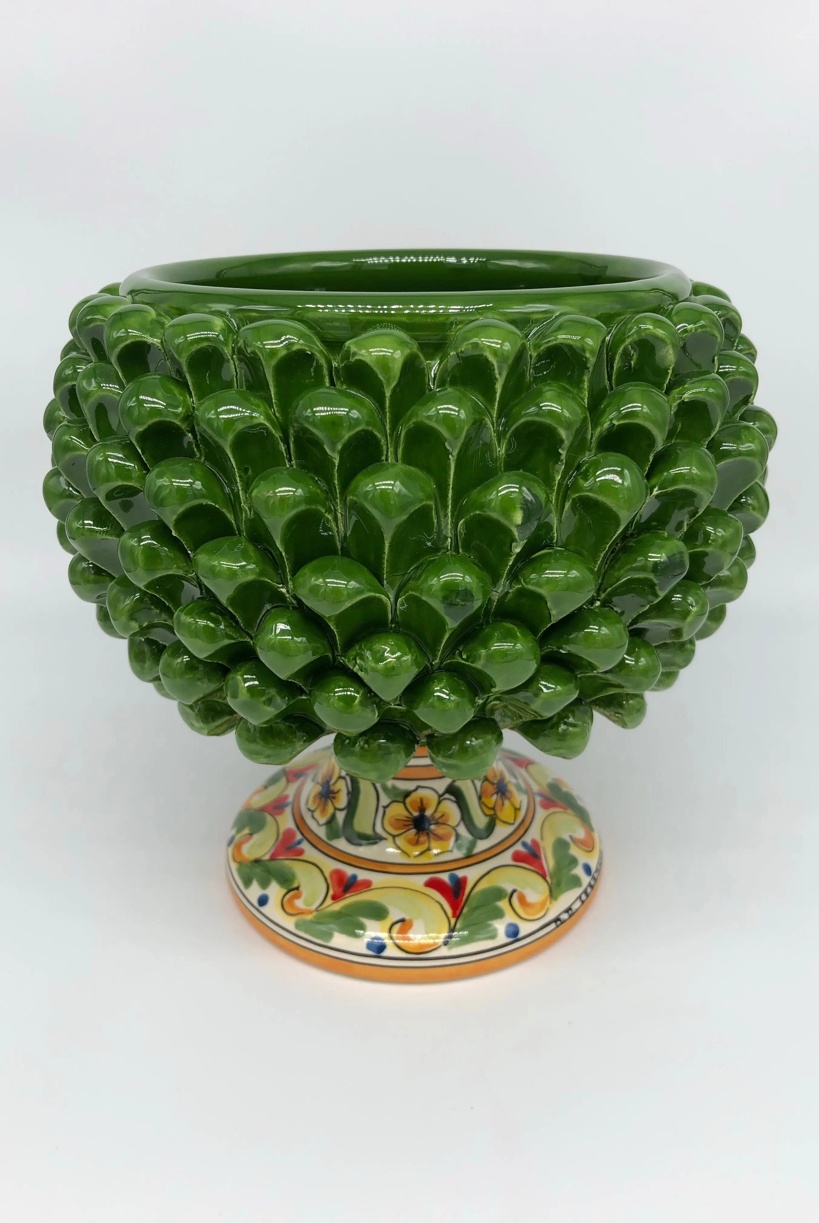 Portavaso Mezza Pigna Ceramica Caltagirone cm H.20 L.20 Artigianale Verde Nuova Decorazione DD CERAMICHE SICILIANE
