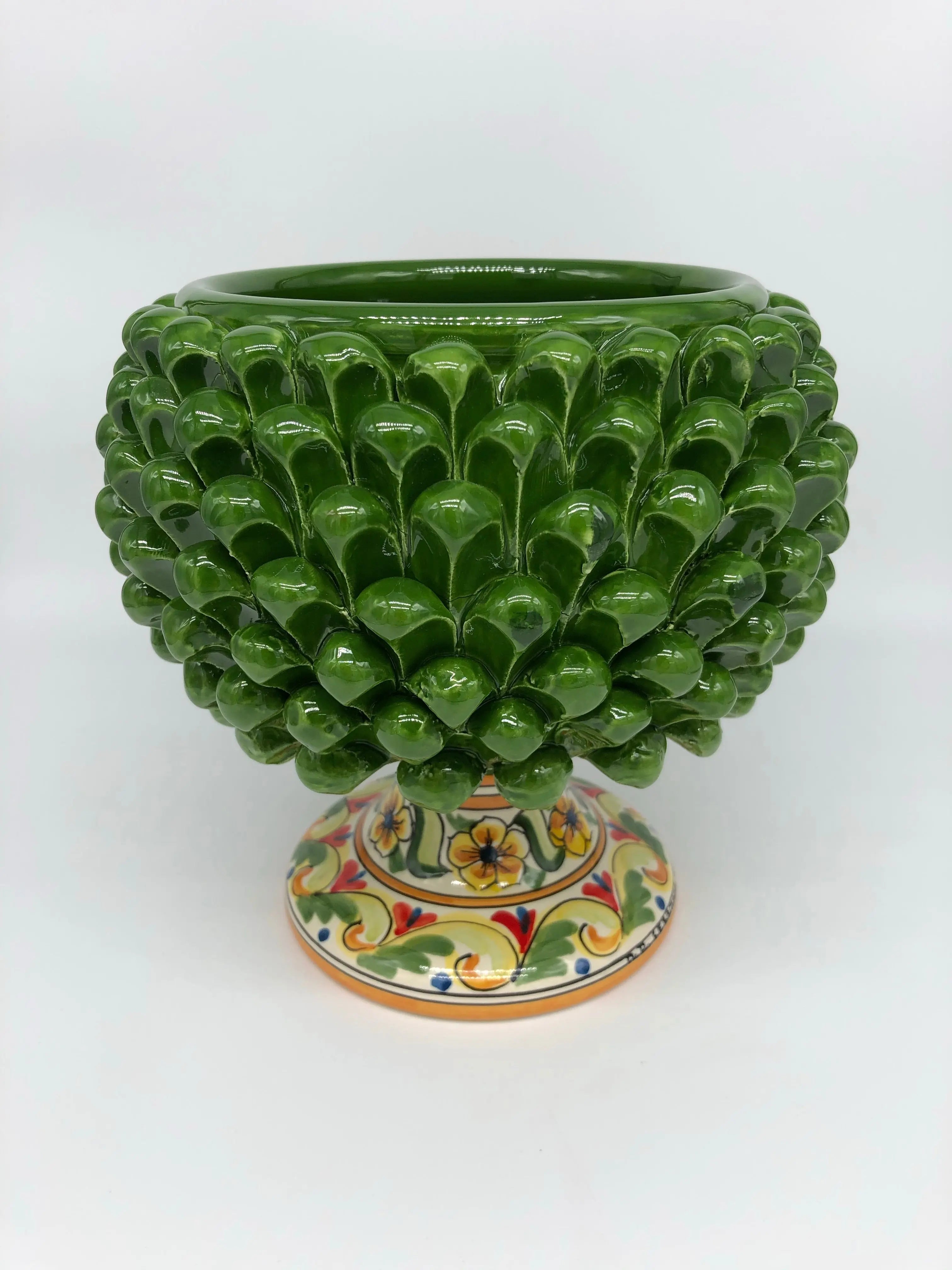 Portavaso Mezza Pigna Ceramica Caltagirone cm H.20 L.20 Artigianale Verde Nuova Decorazione DD CERAMICHE SICILIANE