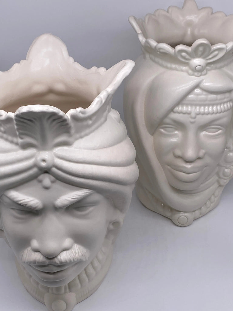 Teste di Moro Afro Ceramica Caltagirone cm H.35 L.23 Artigianale Bianco Opaco DD CERAMICHE SICILIANE