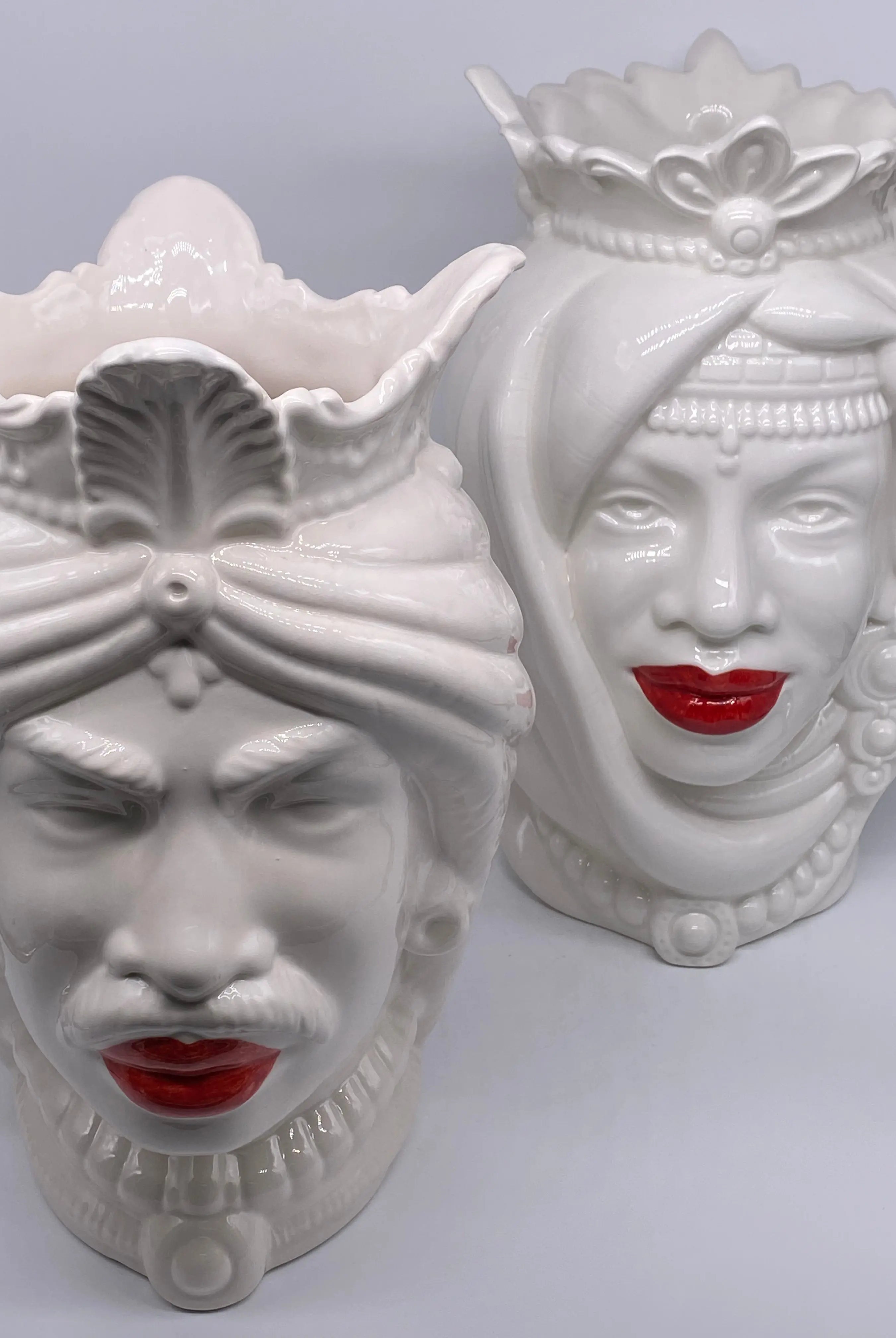 Teste di Moro Afro Ceramica Caltagirone cm H.37 L.24 Artigianale Bianco Labbra Rosse DD CERAMICHE SICILIANE