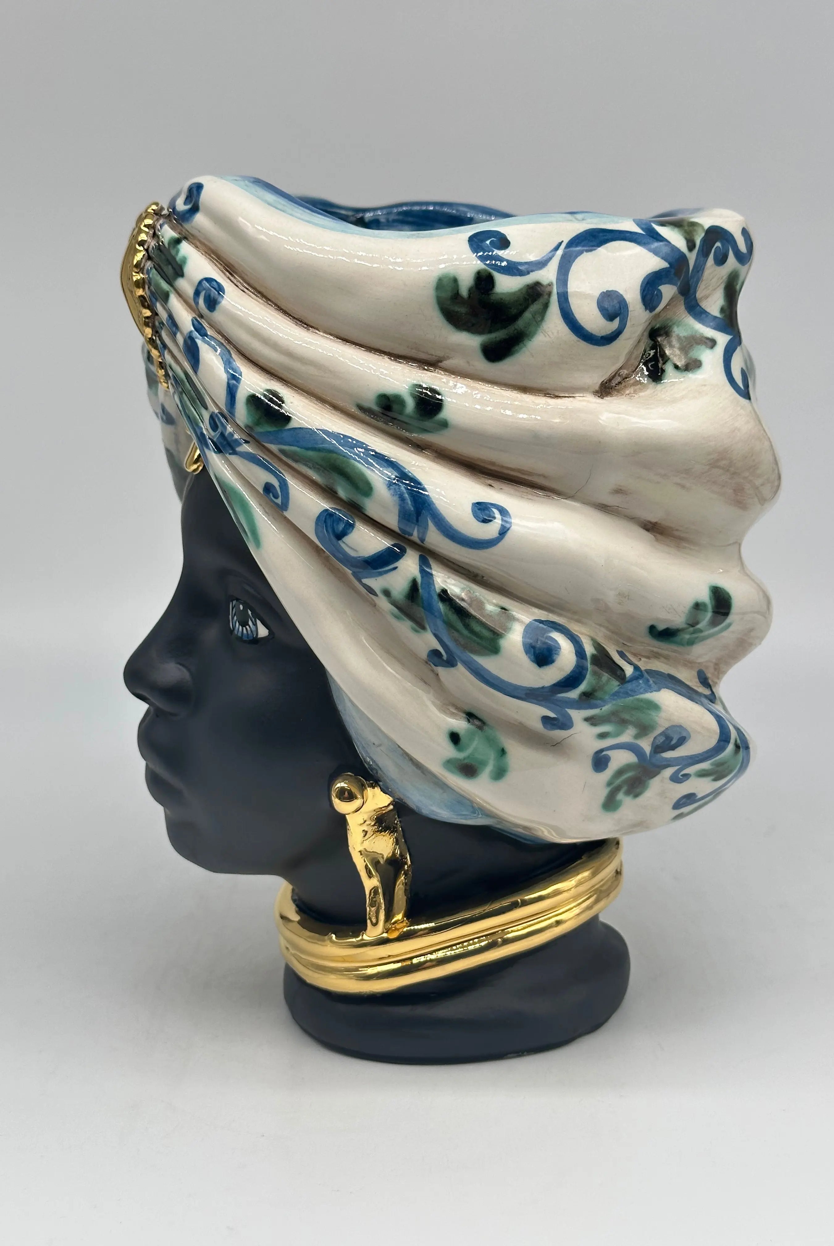 Teste di Moro Atena Ceramica Caltagirone cm H.24 L.18 Artigianale Bianco Barocco Blu Verde Oro DD CERAMICHE SICILIANE