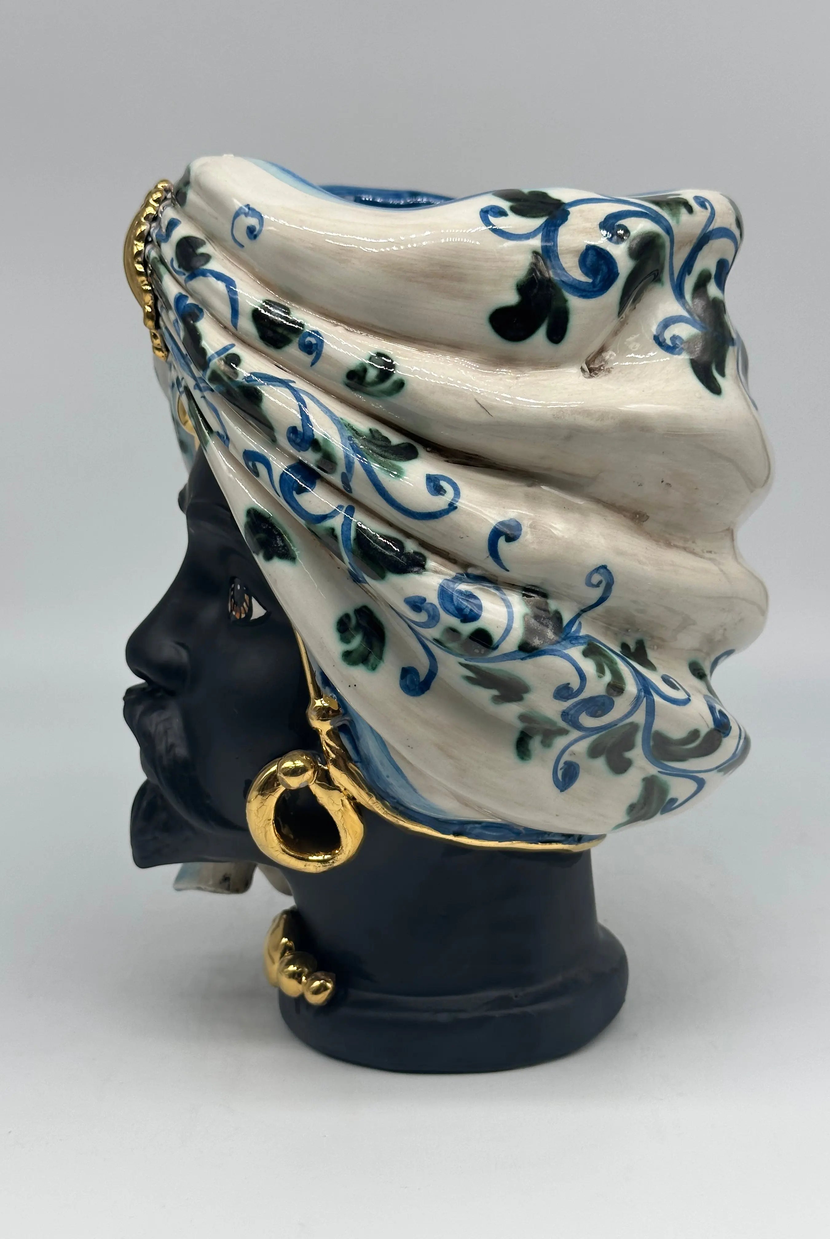 Teste di Moro Atena Ceramica Caltagirone cm H.24 L.18 Artigianale Bianco Barocco Blu Verde Oro DD CERAMICHE SICILIANE