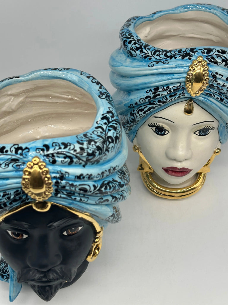 Teste di Moro Atena Ceramica Caltagirone cm H.24 L.18 Artigianale Opaco Celeste Barocco Oro DD CERAMICHE SICILIANE