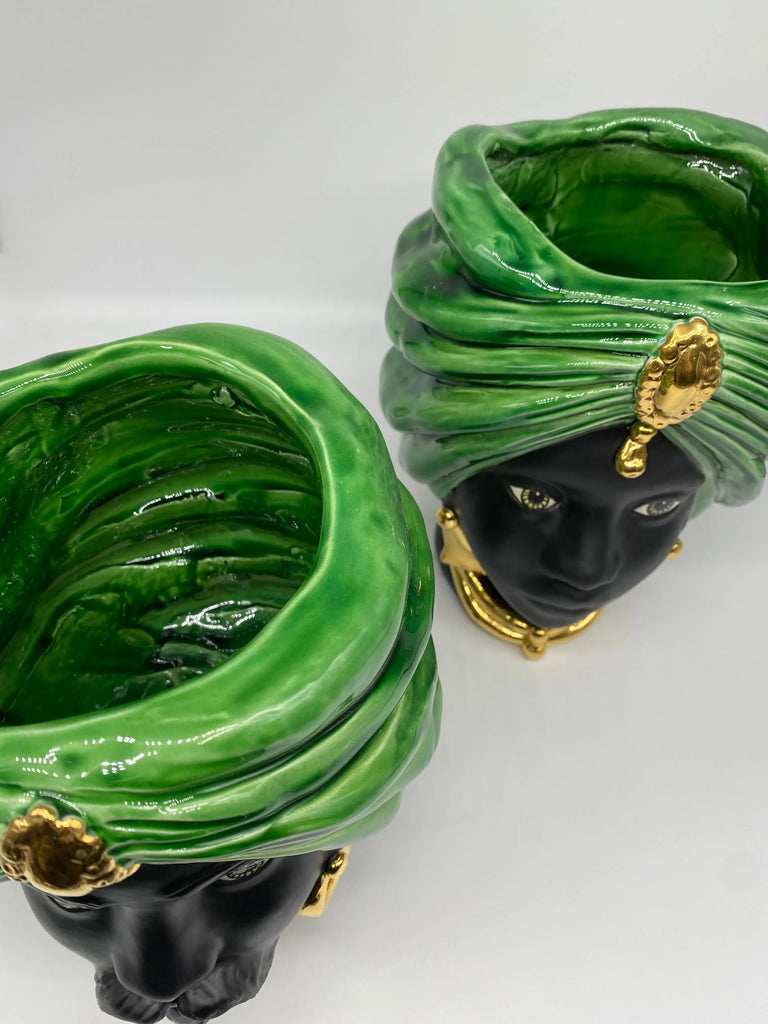 Teste di Moro Atena Ceramica Caltagirone cm H.24 L.18 Artigianale Verde Cristallo Opaco Oro DD CERAMICHE SICILIANE