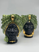 Teste di Moro Atena Ceramica Caltagirone cm H.24 L.18 Artigianale Verde Pois Nero Oro DD CERAMICHE SICILIANE